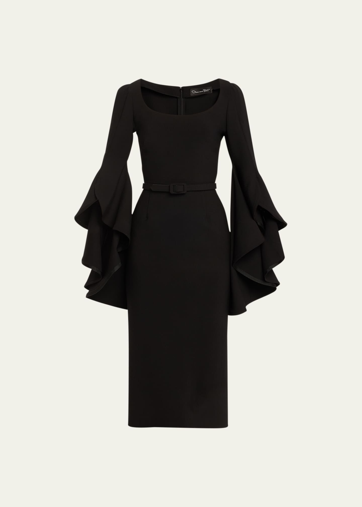 Oscar de la Renta Scoop-Neck Ruffle 3/4-Sleeve Belted Crepe Midi