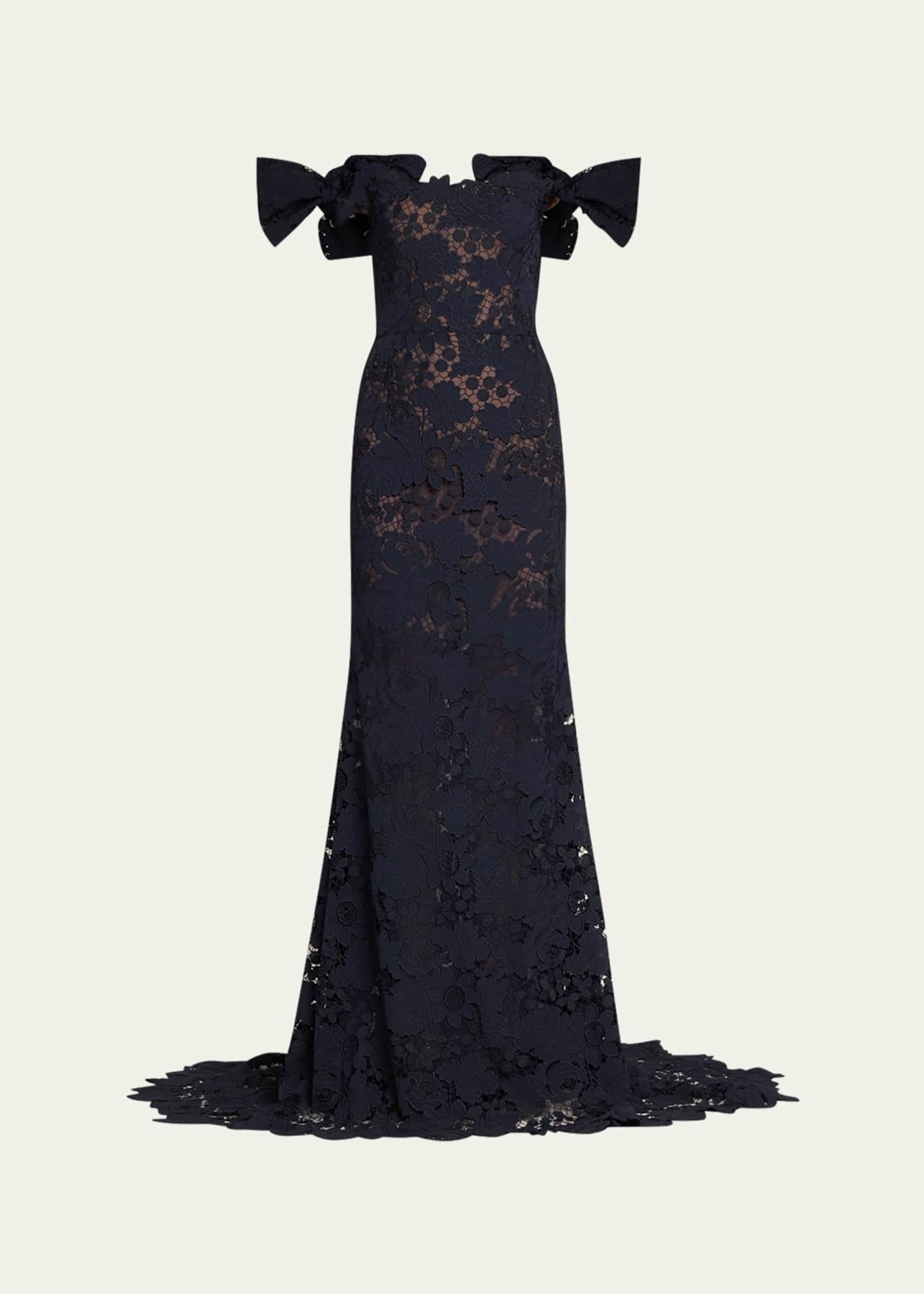 Oscar de la Renta Botanical Guipure Bow Off The Shoulder Trumpet