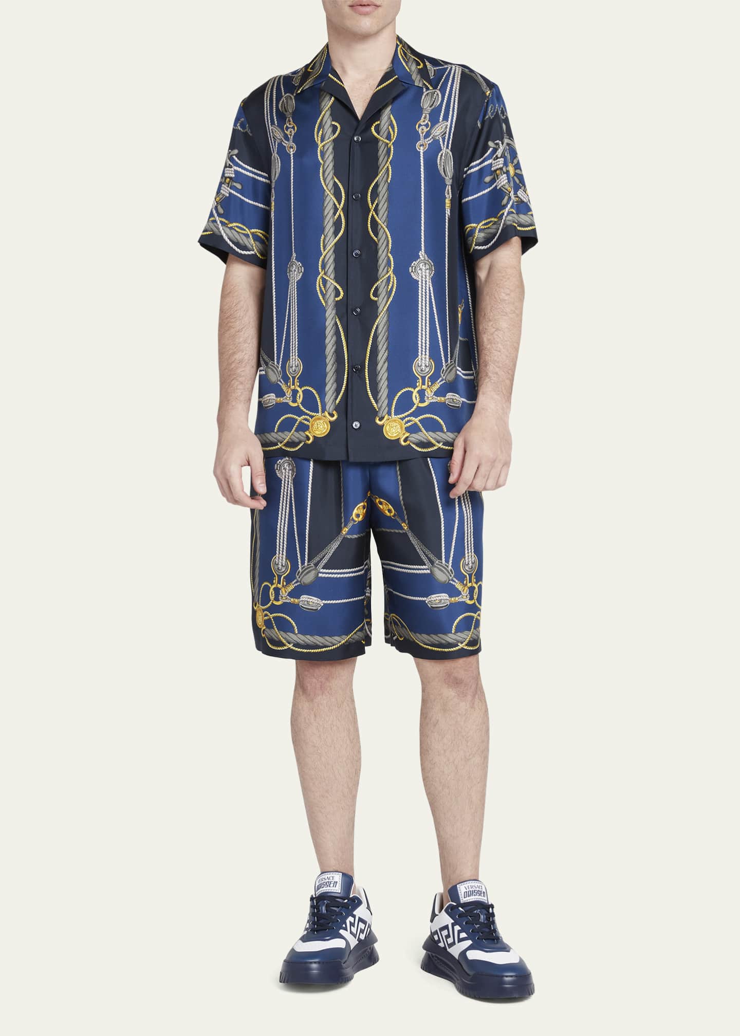 Versace Men's Nautical-Print Silk Short-Sleeve Shirt
