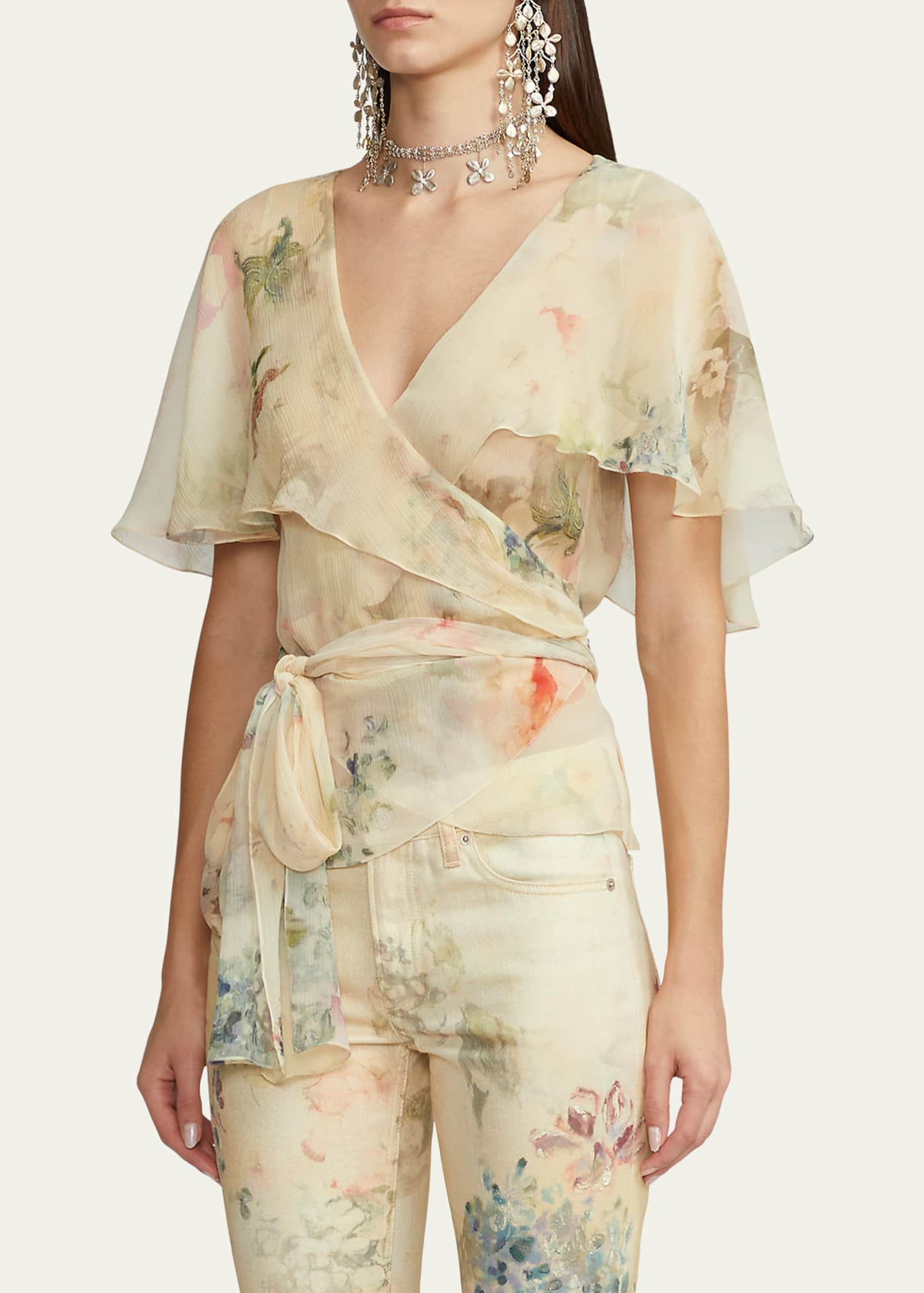 Ralph Lauren Collection Amilea Floral Watercolor Flutter-Sleeve Silk Wrap  Top - Bergdorf Goodman