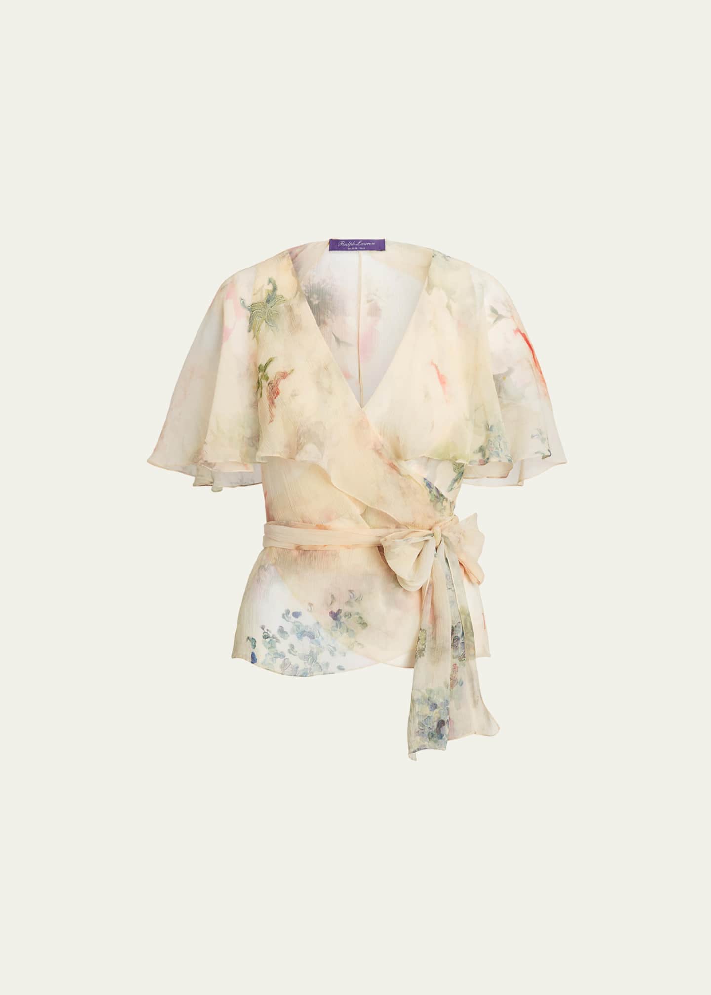 Ralph Lauren Collection Amilea Floral Watercolor Flutter-Sleeve Silk Wrap Top, Butter, Women's, 4, Shirts Tops Blouses Silk & Satin Tops