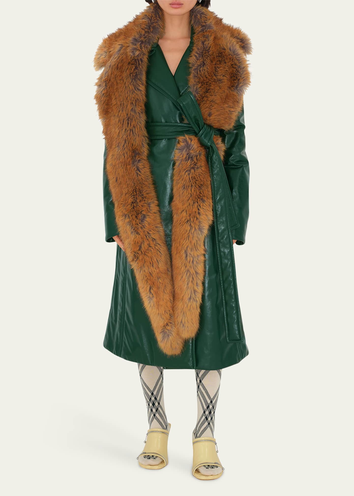 Burberry Belted Leather Trench Coat with Faux Fur Scarf - Bergdorf Goodman