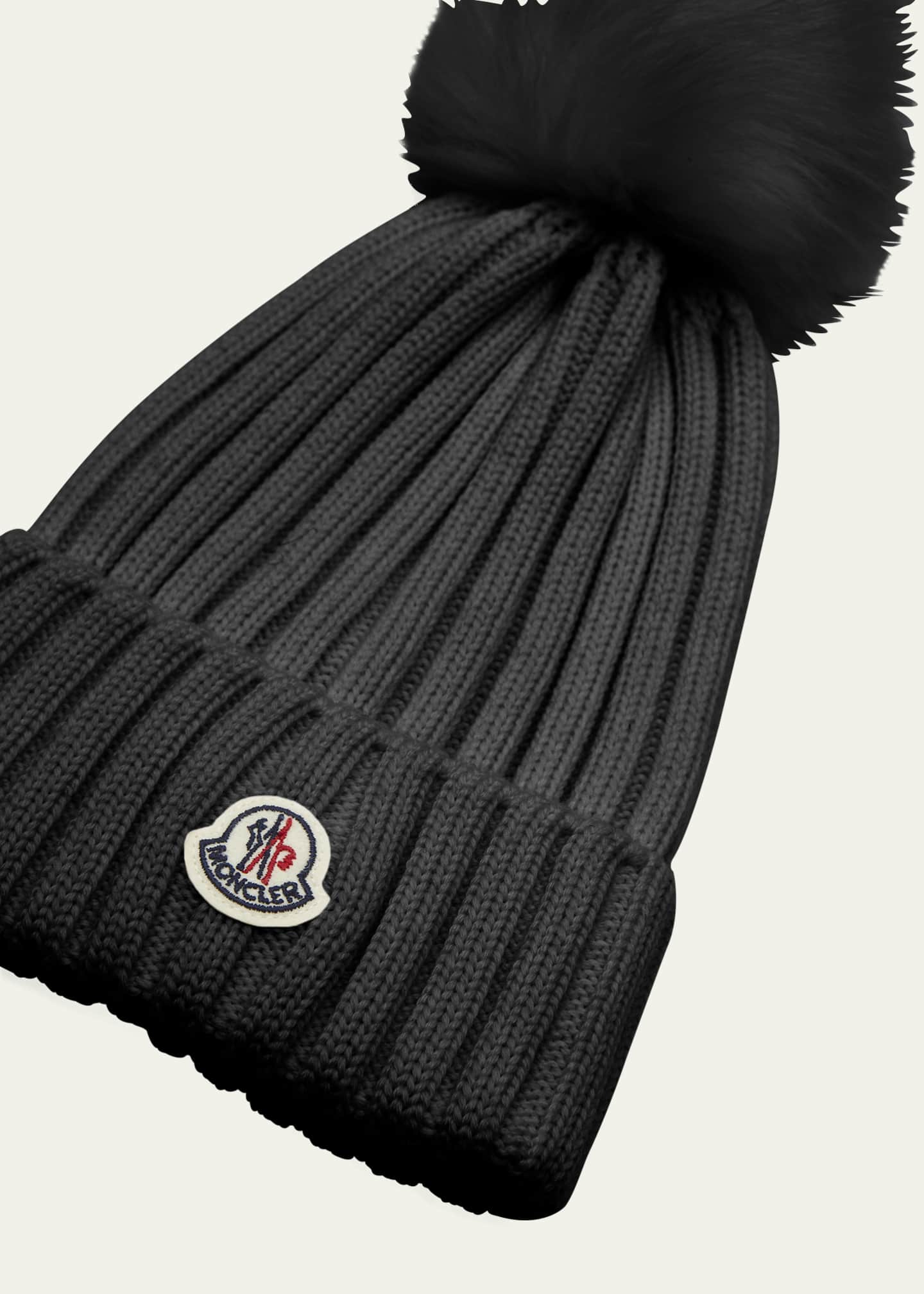 Moncler Ribbed Wool Beanie with Faux Fur Pom Bergdorf Goodman