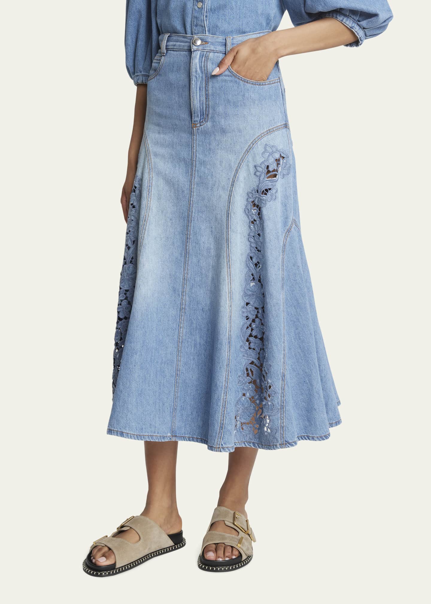 Chloe Floral Broderie Anglaise Cotton Linen Denim A-Line Midi Skirt ...