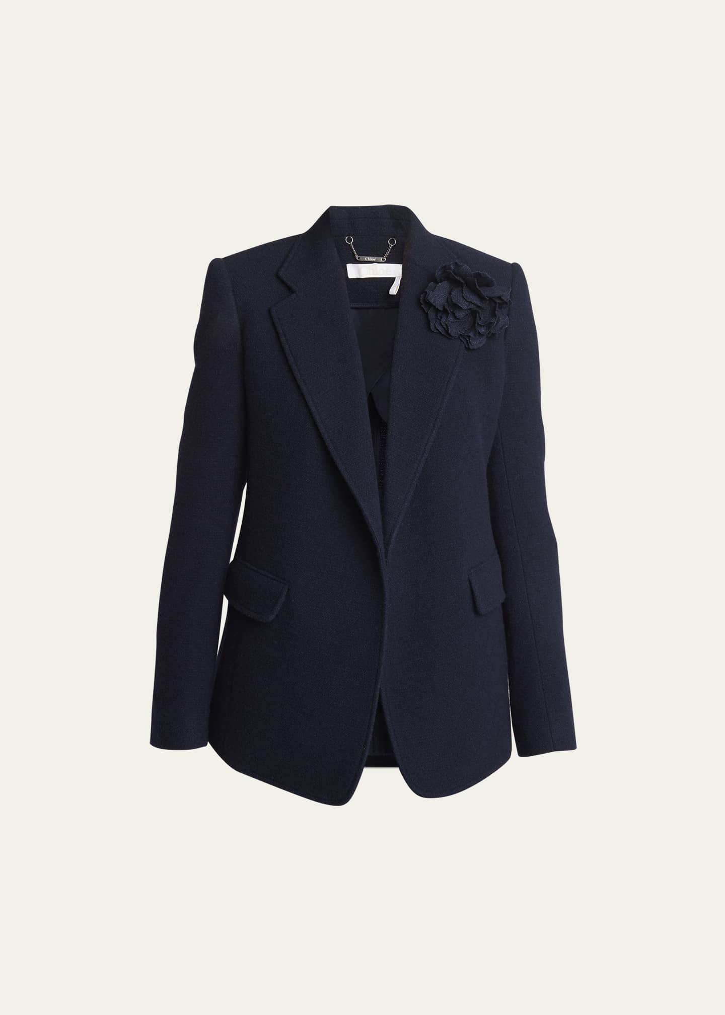 Chloe Buttonless Wool Cashmere Tailored Jacket with 3 D Flower