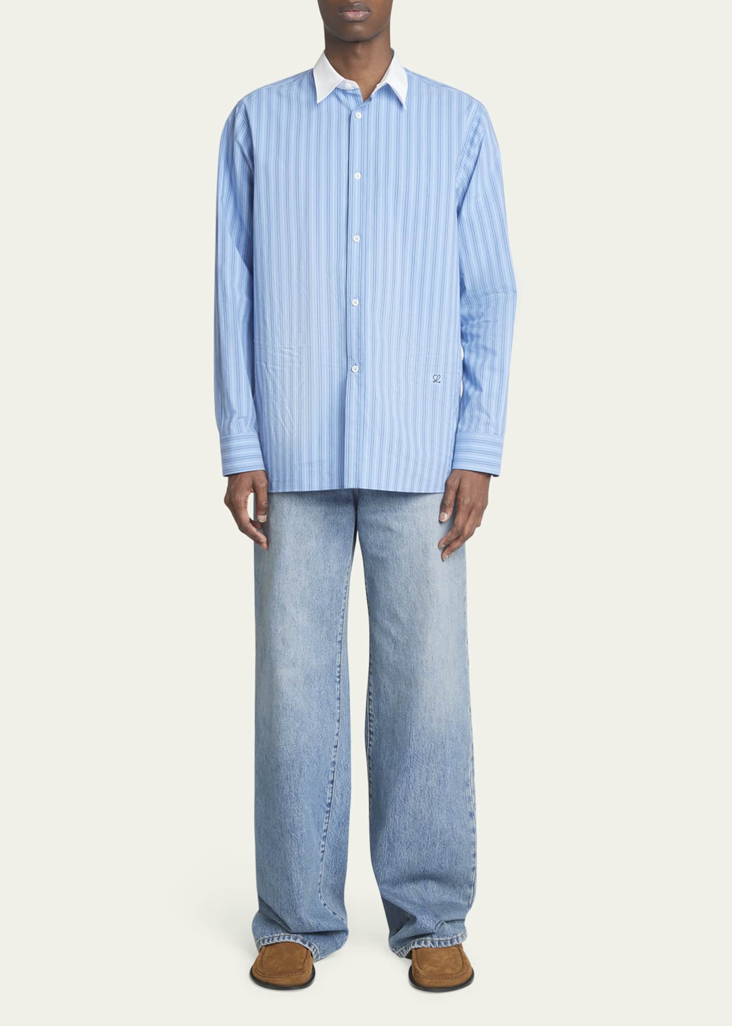 Loewe Men's Poplin Striped Banker-Collar Dress Shirt Image 2 of 5