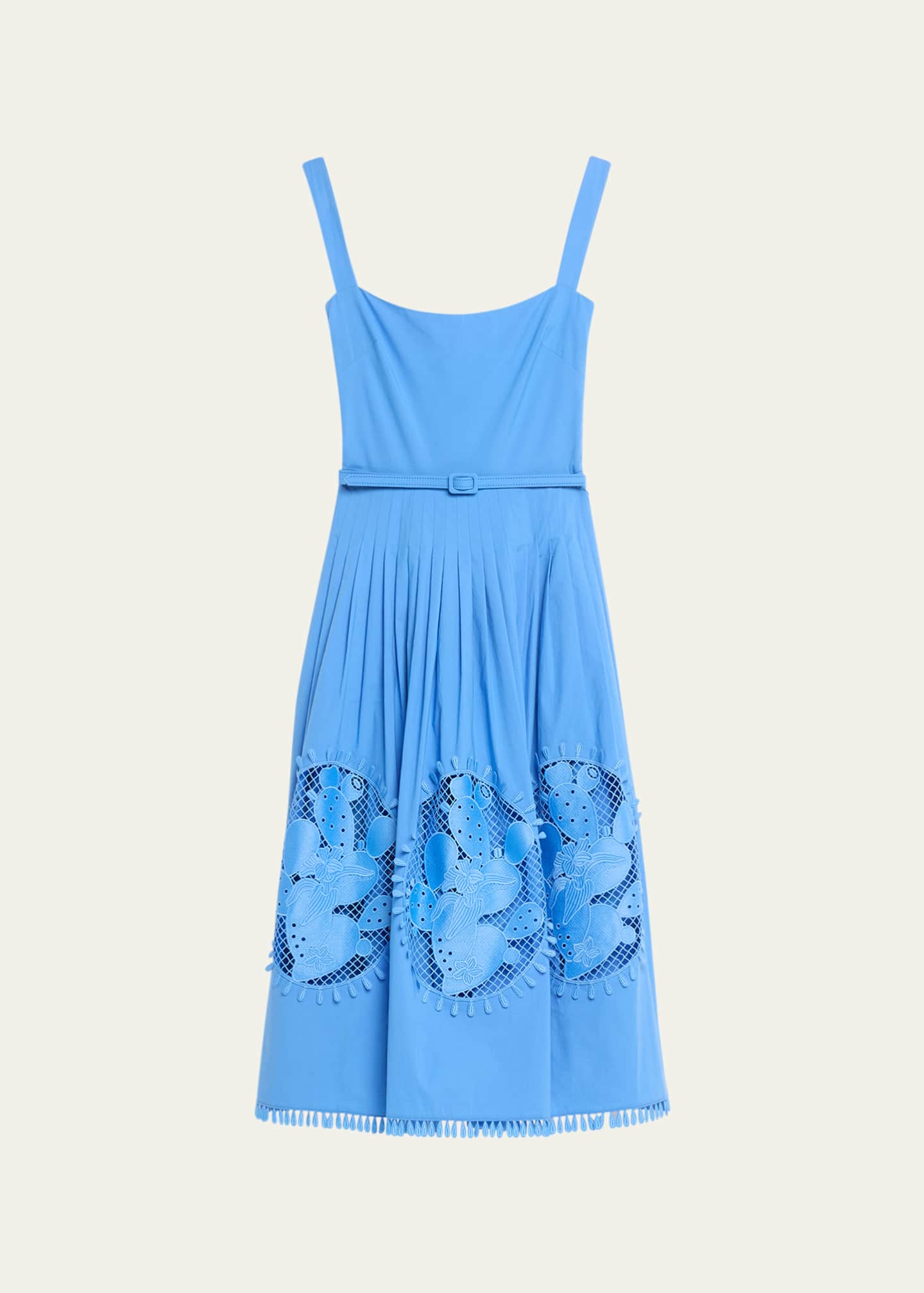 Renta de la Bergdorf Oscar Cactus Inset Goodman Belted - Midi Embroidered Sleeveless Dress