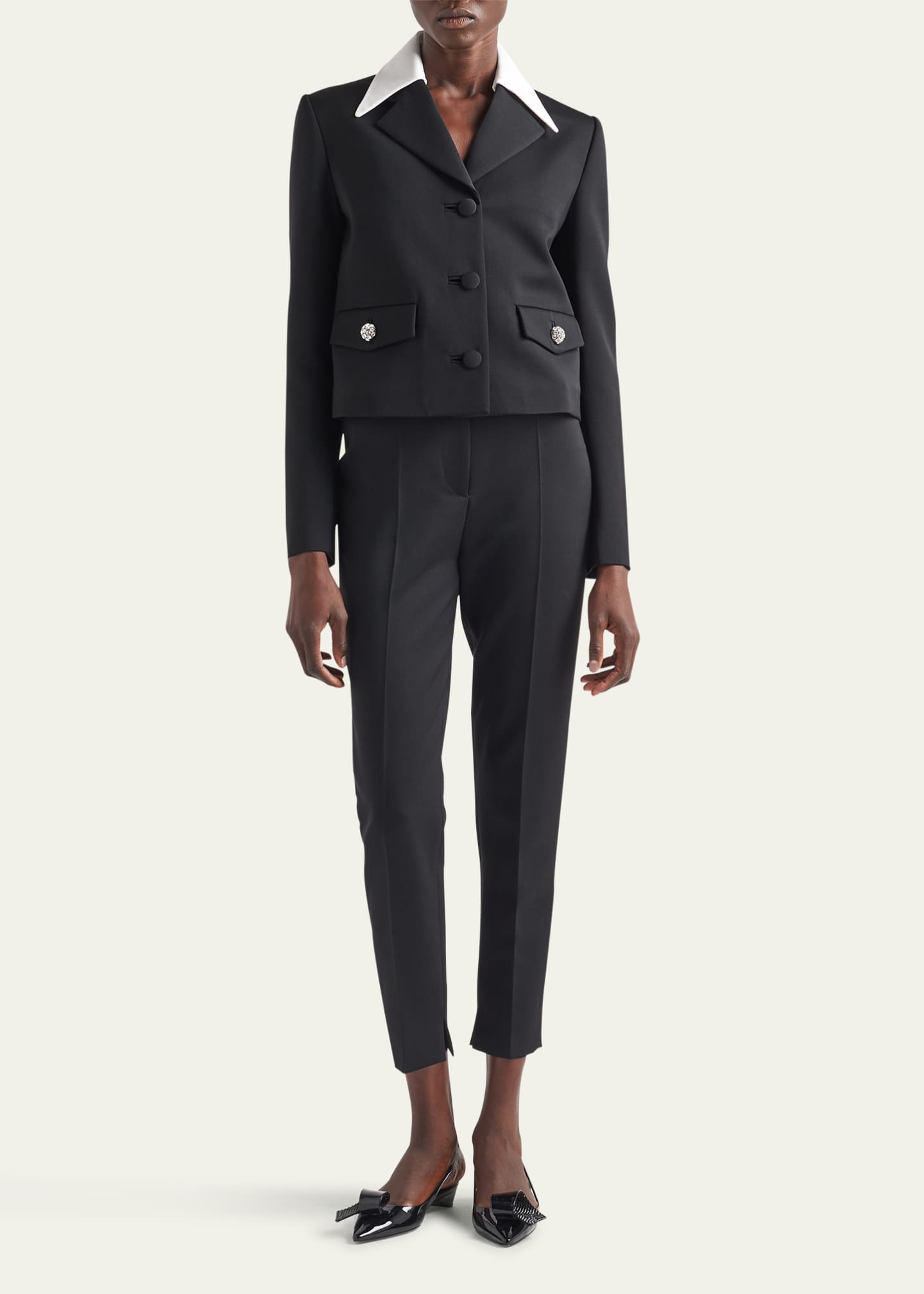 Prada Cropped Wool Cigarette Pants with Crystal Buttons