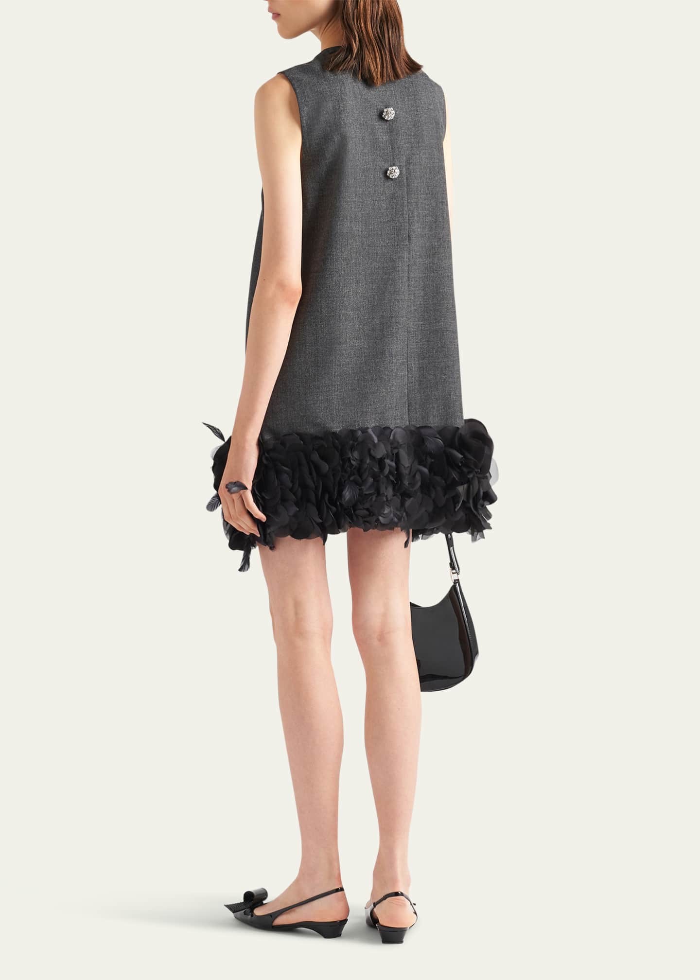 Prada Mat Feather-Hem Mini Dress with Crystal Buttons Image 3 of 4