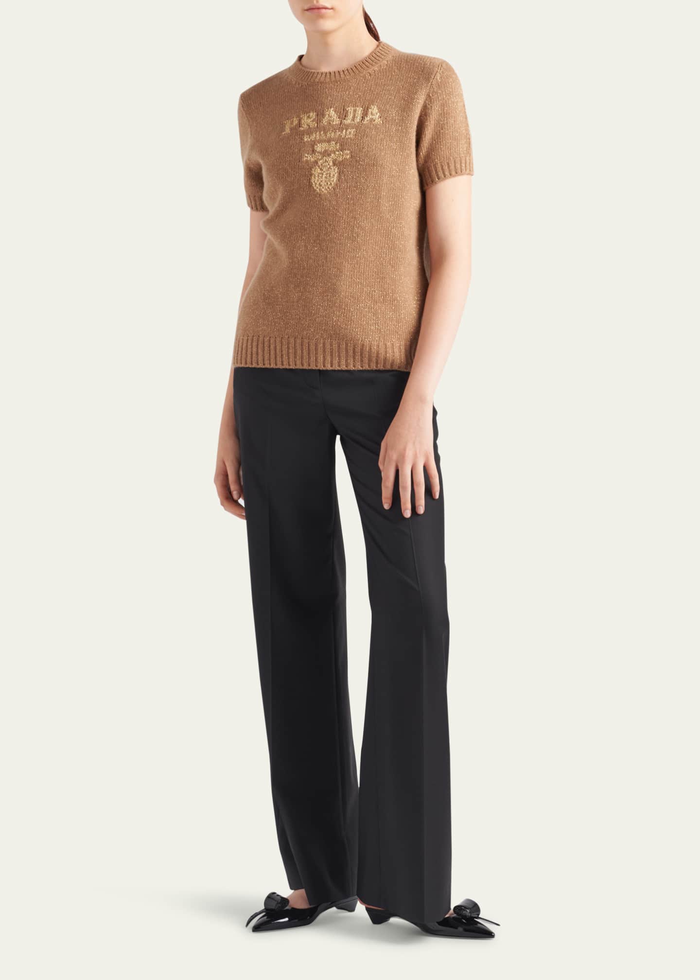 Prada Metallic Logo Intarsia Boxy Wool Cashmere Sweater Image 2 of 4