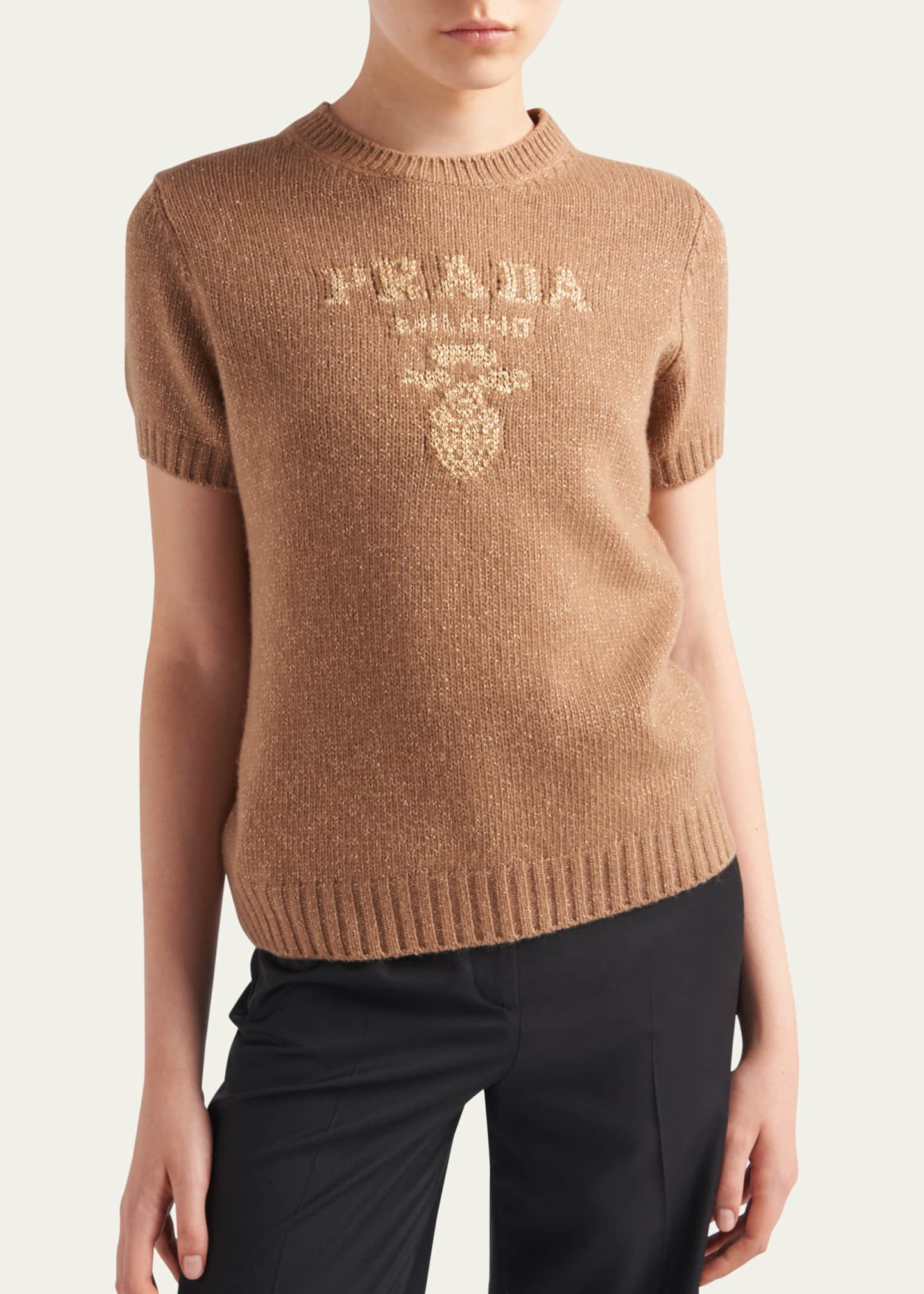 Prada Metallic Logo Intarsia Boxy Wool Cashmere Sweater Image 4 of 4