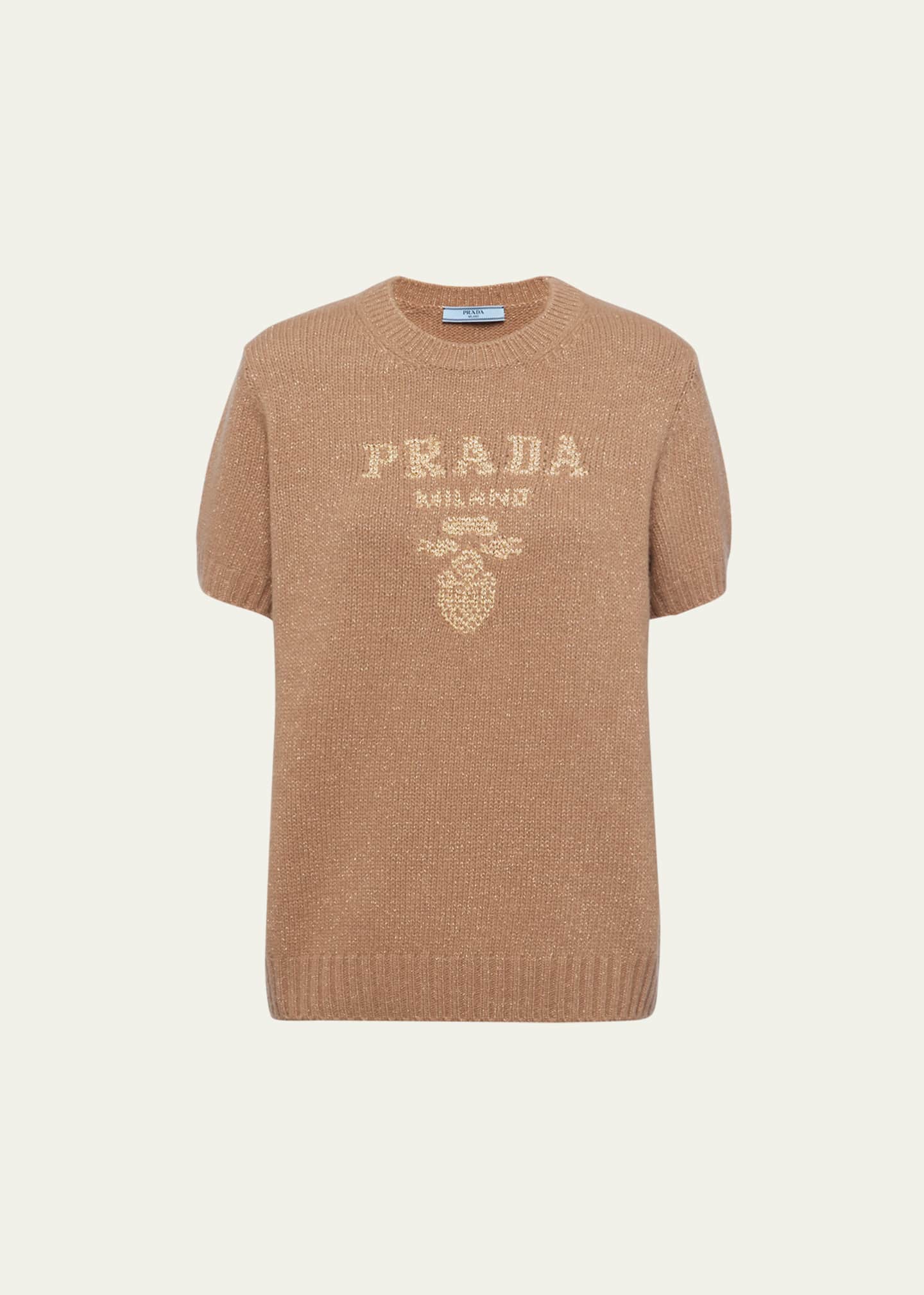 Prada Metallic Logo Intarsia Boxy Wool Cashmere Sweater Image 1 of 4