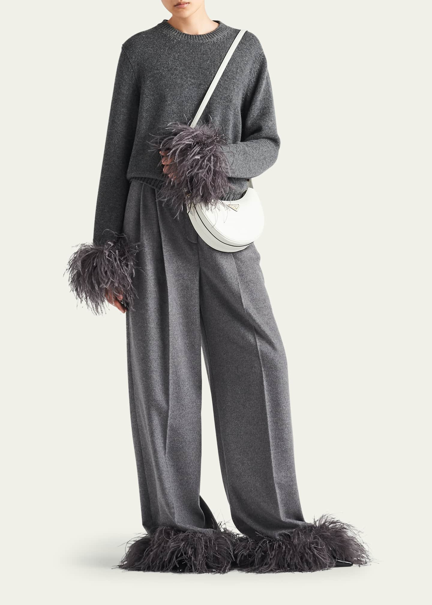 Prada Feather-Cuff Cashmere Pants, Gray