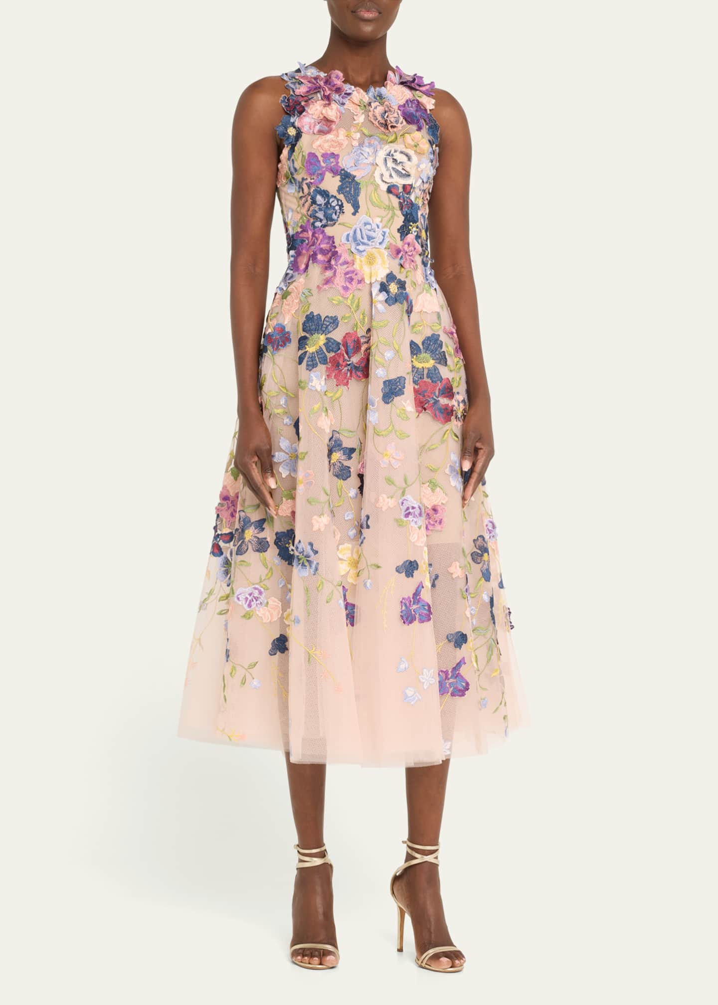 Marchesa Multicolor Floral Embroidered Cocktail Dress with 3D Flower Accents