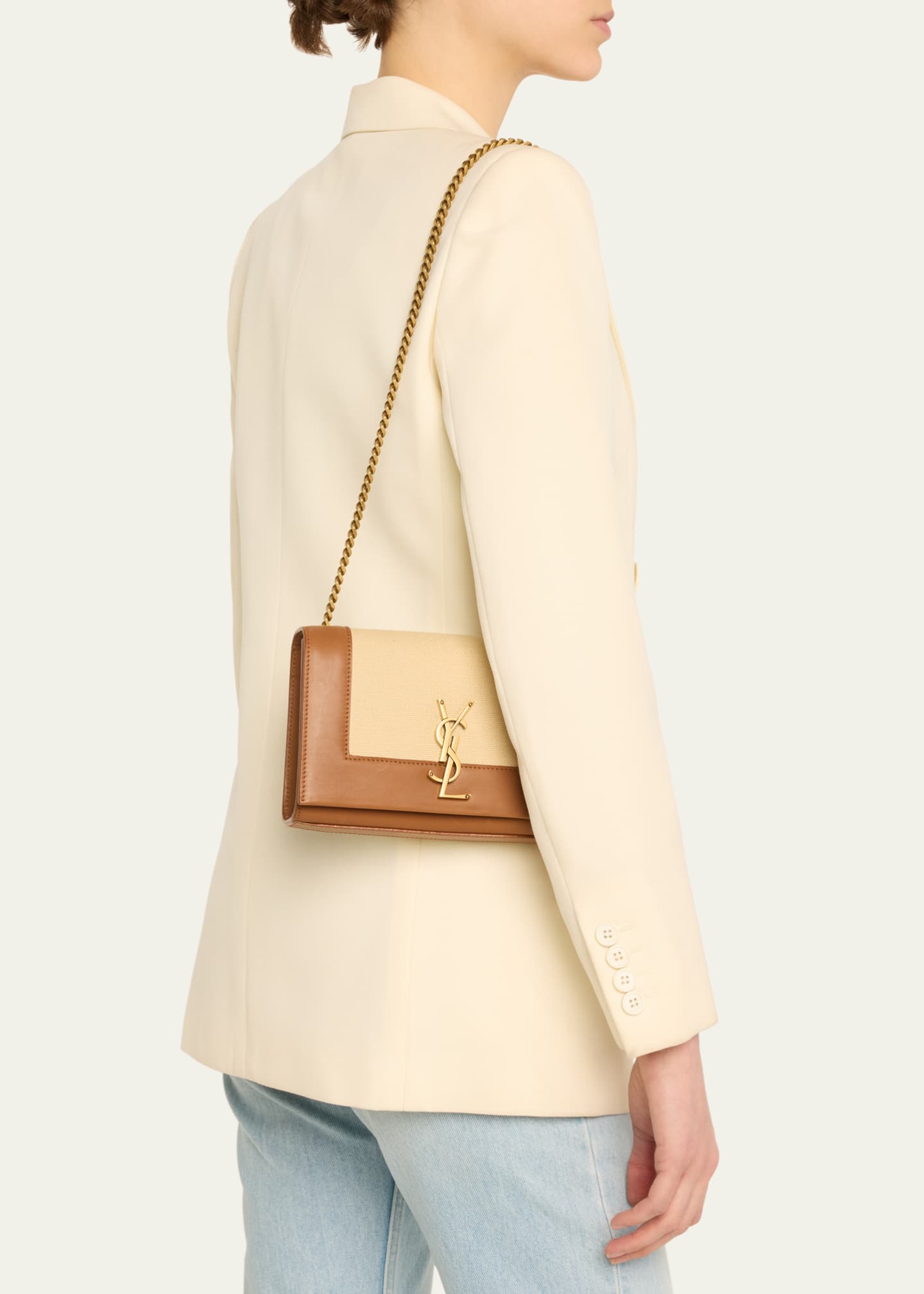 Saint Laurent Kate Small YSL Wallet on Chain in Linen and Leather Bergdorf Goodman