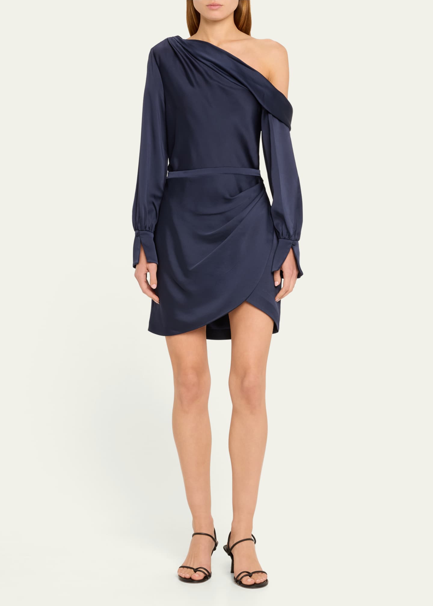 SIMKHAI Cameron One-Shoulder Wrap-Skirt Satin Mini Dress Image 2 of 5