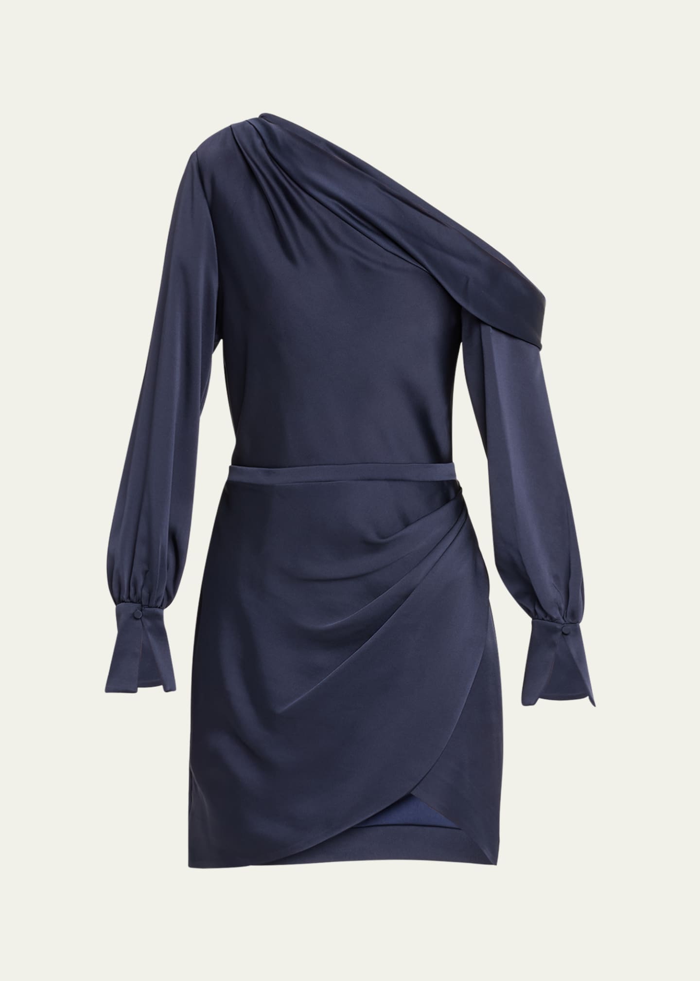 SIMKHAI Cameron One-Shoulder Wrap-Skirt Satin Mini Dress Image 1 of 5
