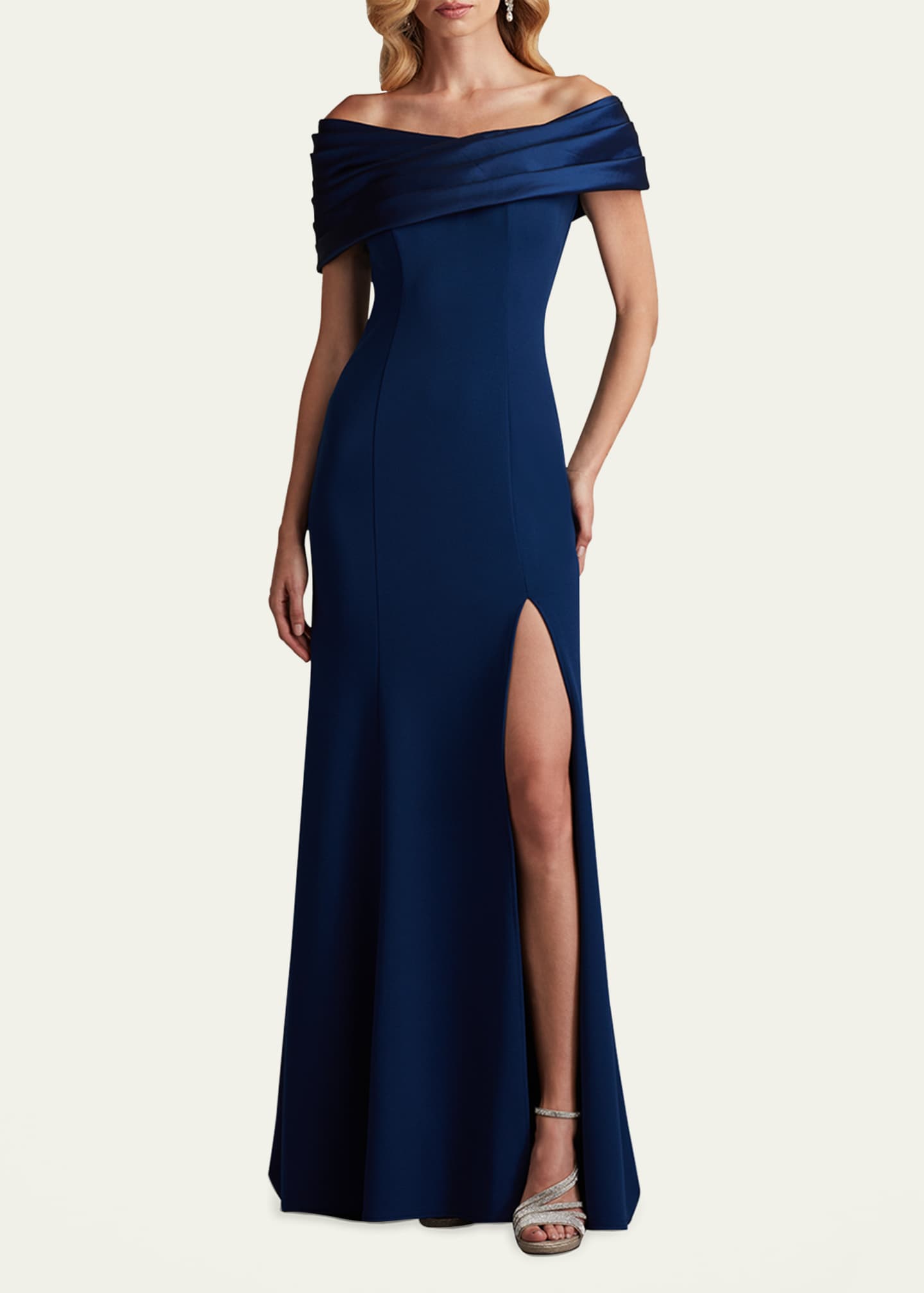 Tadashi Shoji Off-Shoulder A-Line Crepe & Taffeta Gown