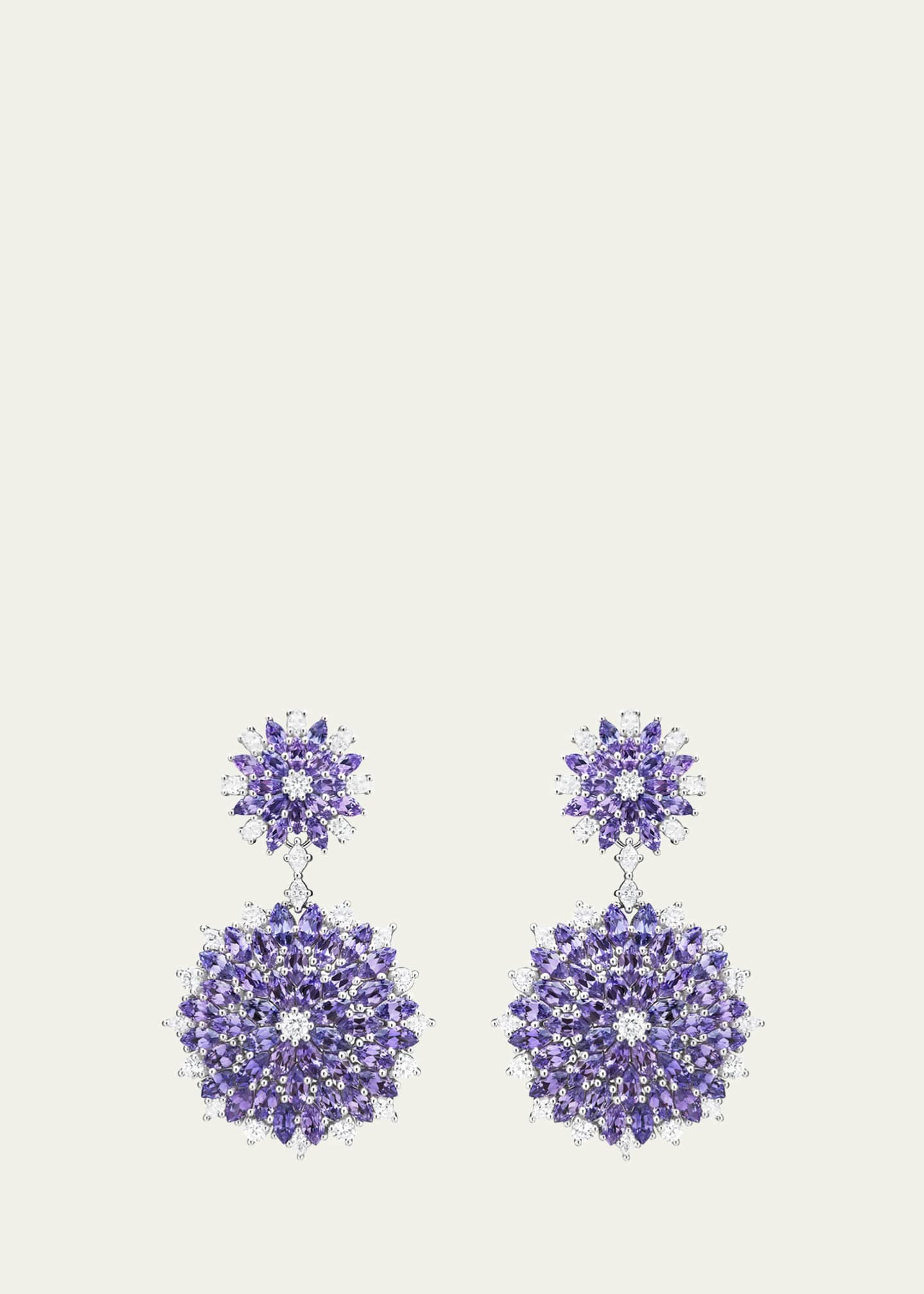 Paul Morelli 18K White Gold Dahlia Double Dangle Earrings with Diamonds and Purple Sapphires