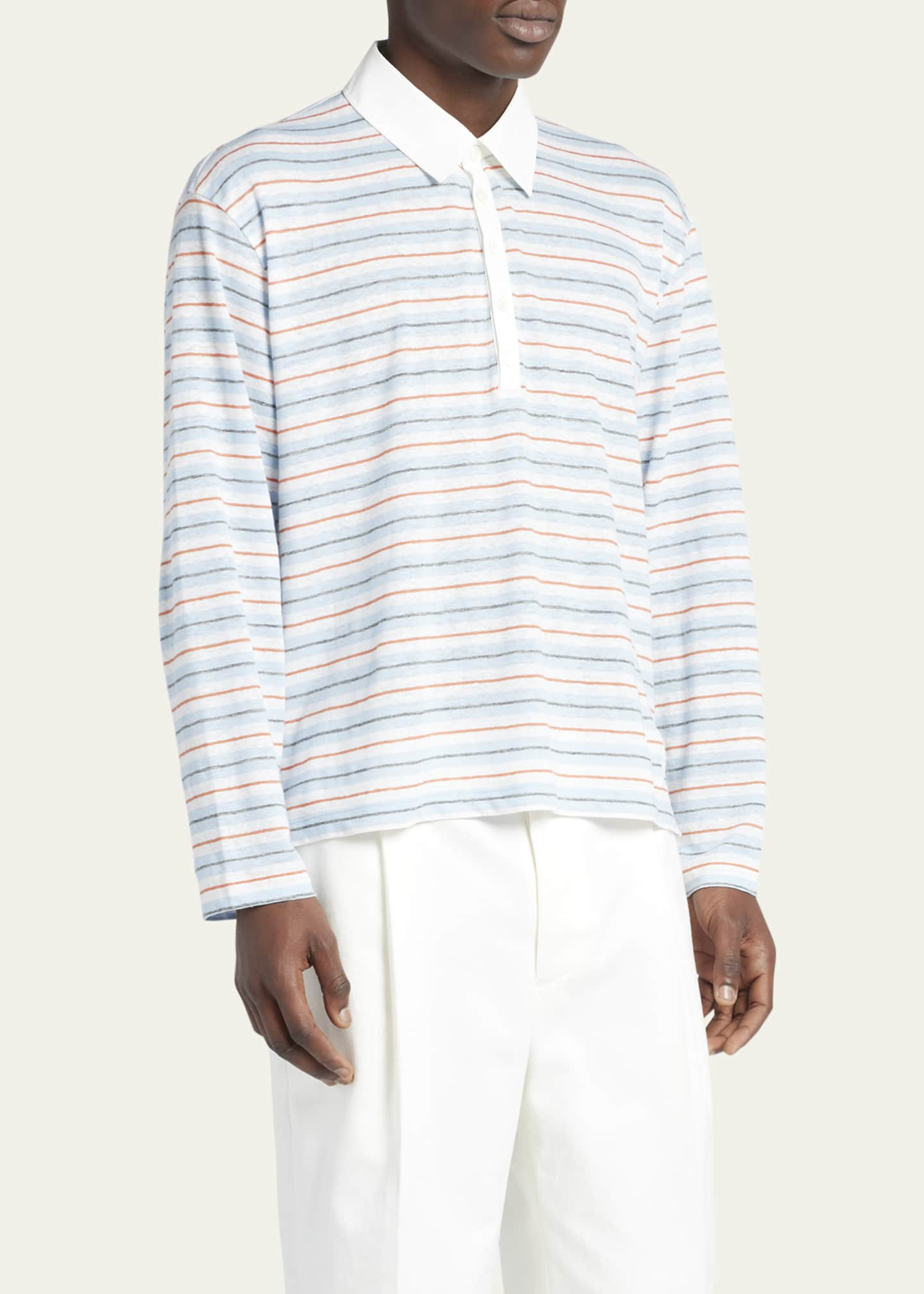 Thom Browne Men's Stripe Linen Jersey Long-Sleeve Polo Shirt