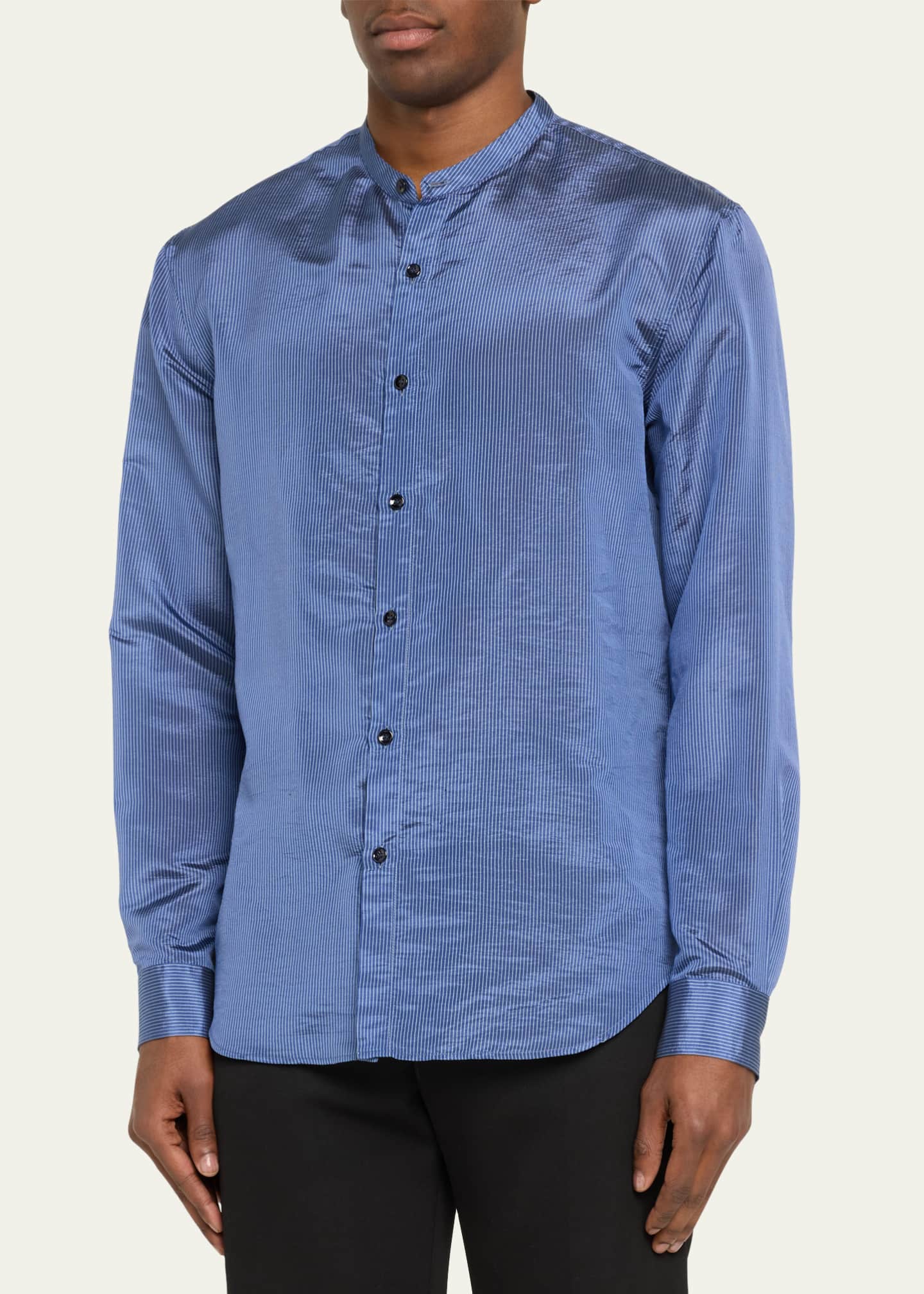 Giorgio Armani Men's Striped Band-Collar Sport Shirt Image 4 of 5