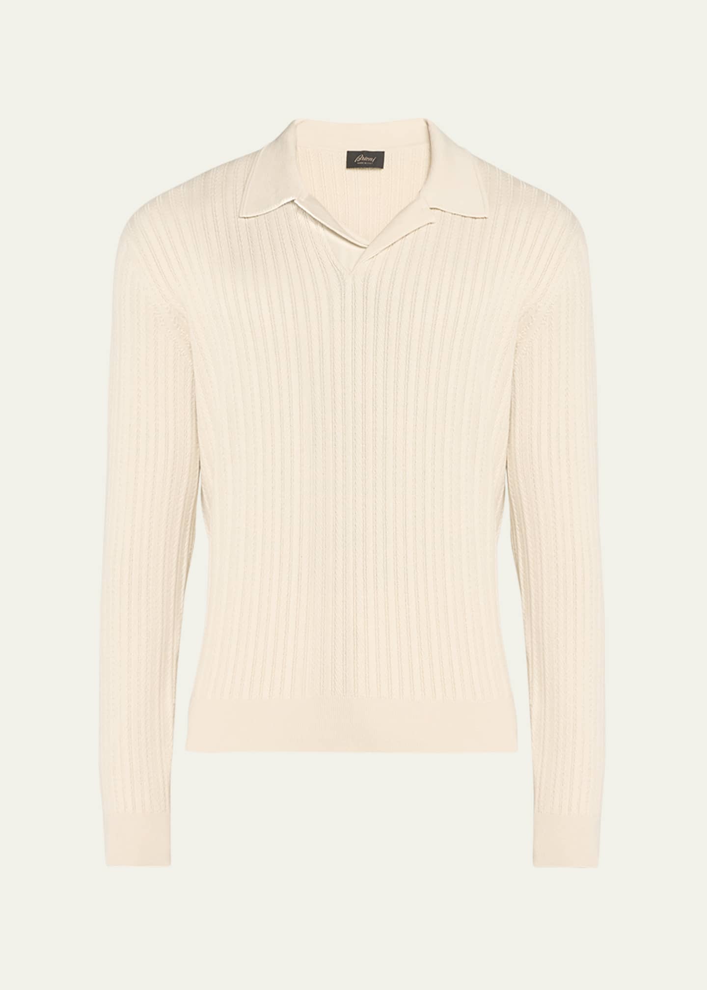 Brioni Men's Ribbed Herringbone Cotton Polo Sweater - Bergdorf Goodman