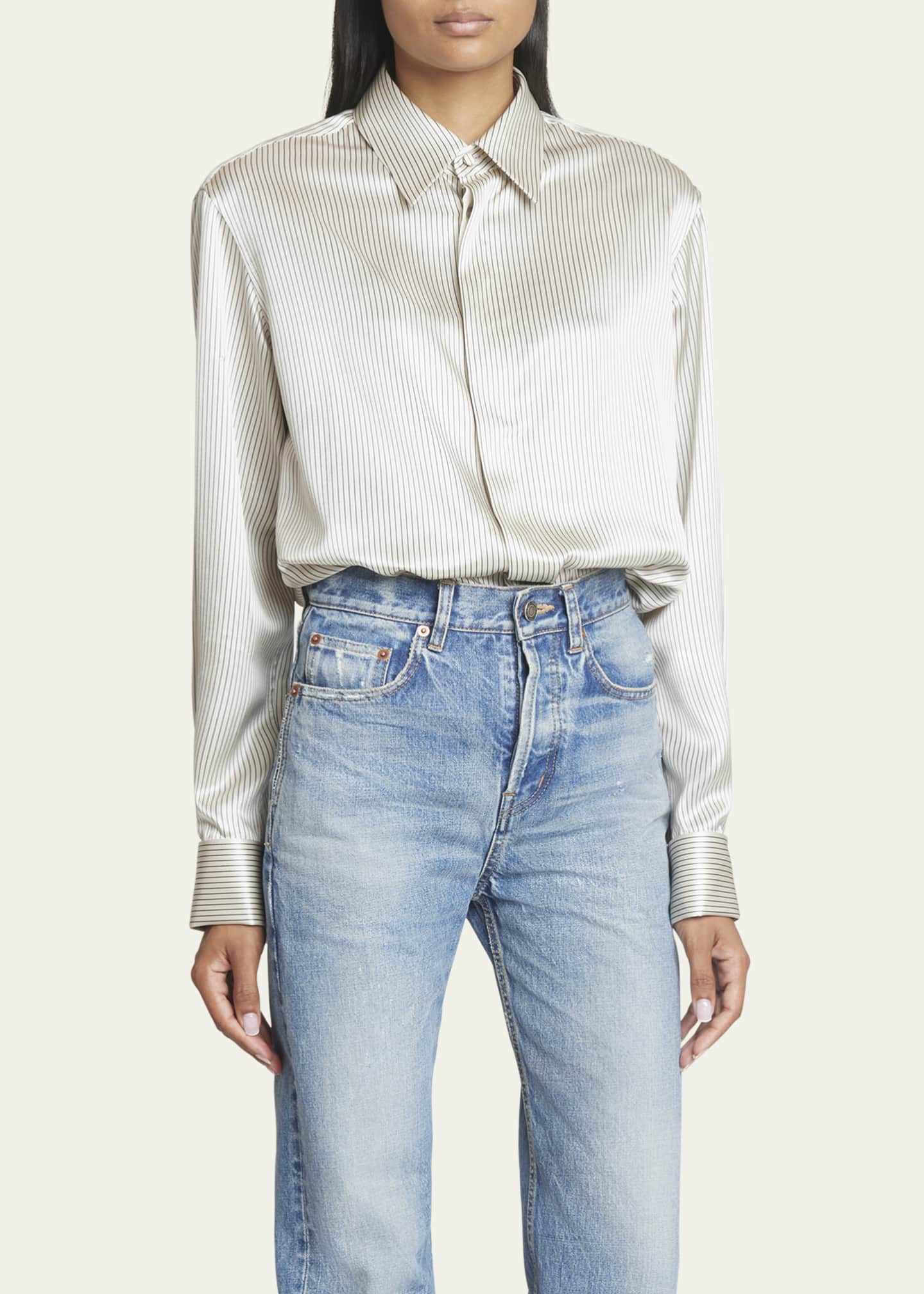 Saint Laurent Striped Satin Button-Front Blouse Image 4 of 5