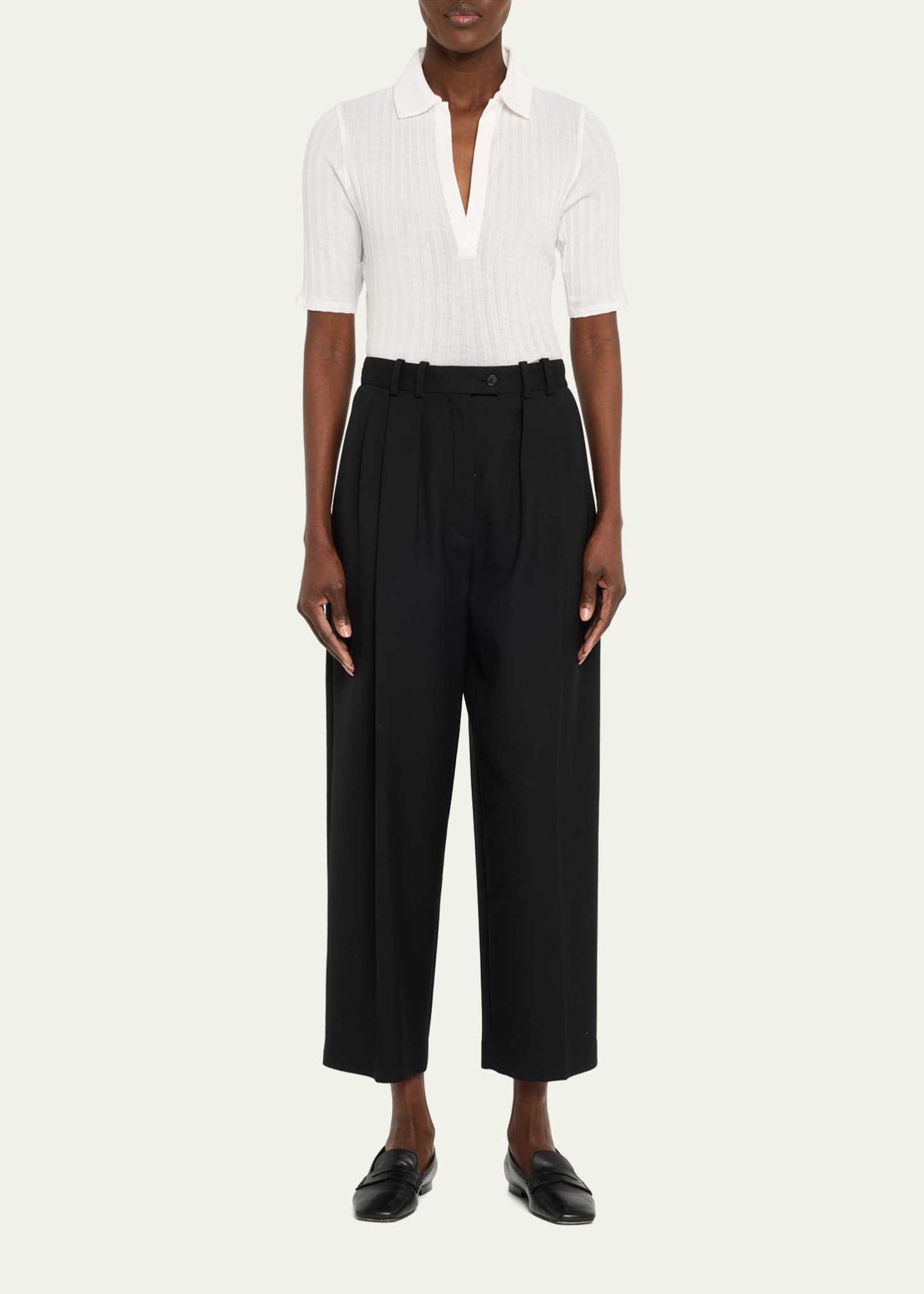 Elbow-Sleeve Silk Rib Polo Shirt