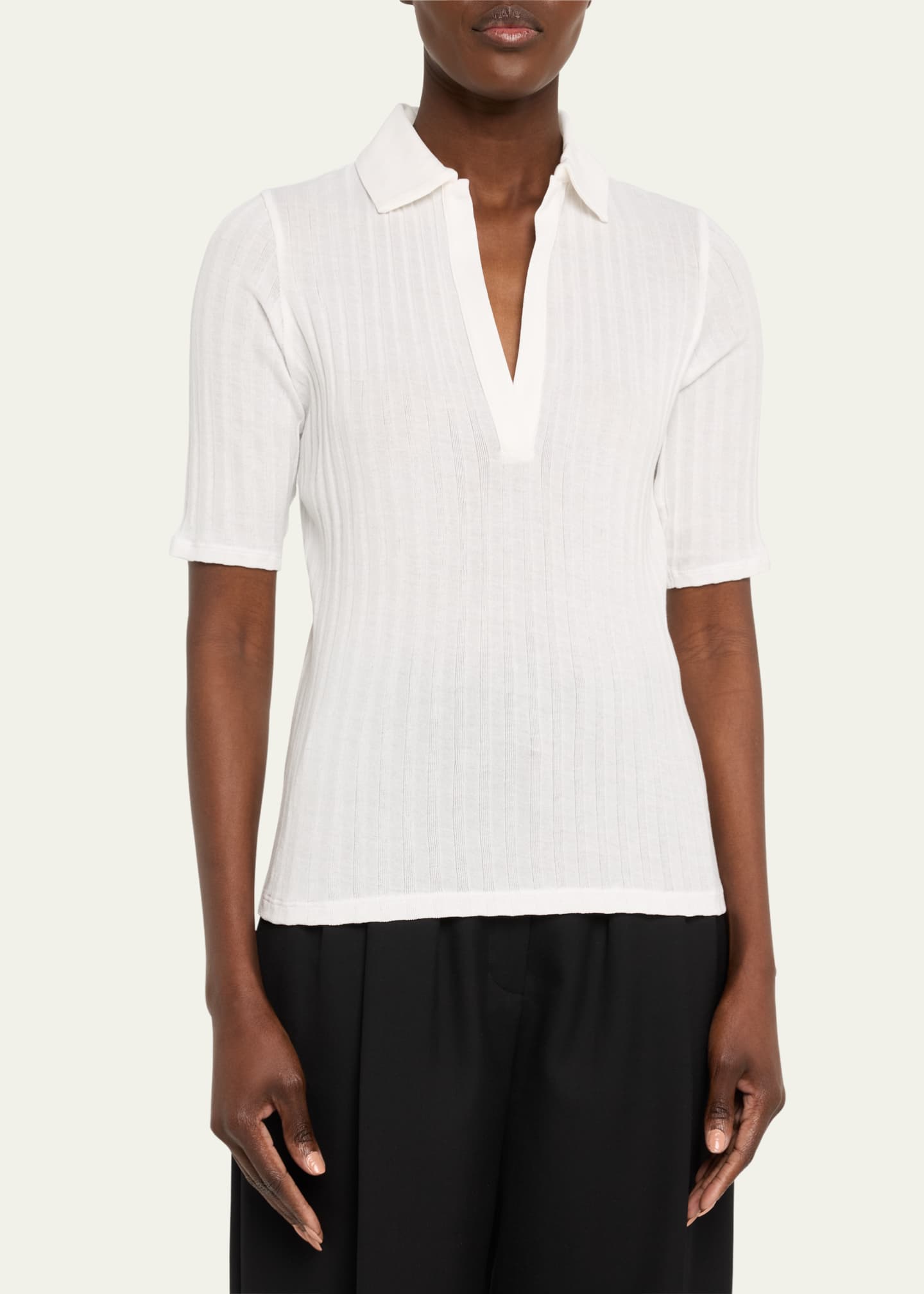 Elbow-Sleeve Silk Rib Polo Shirt