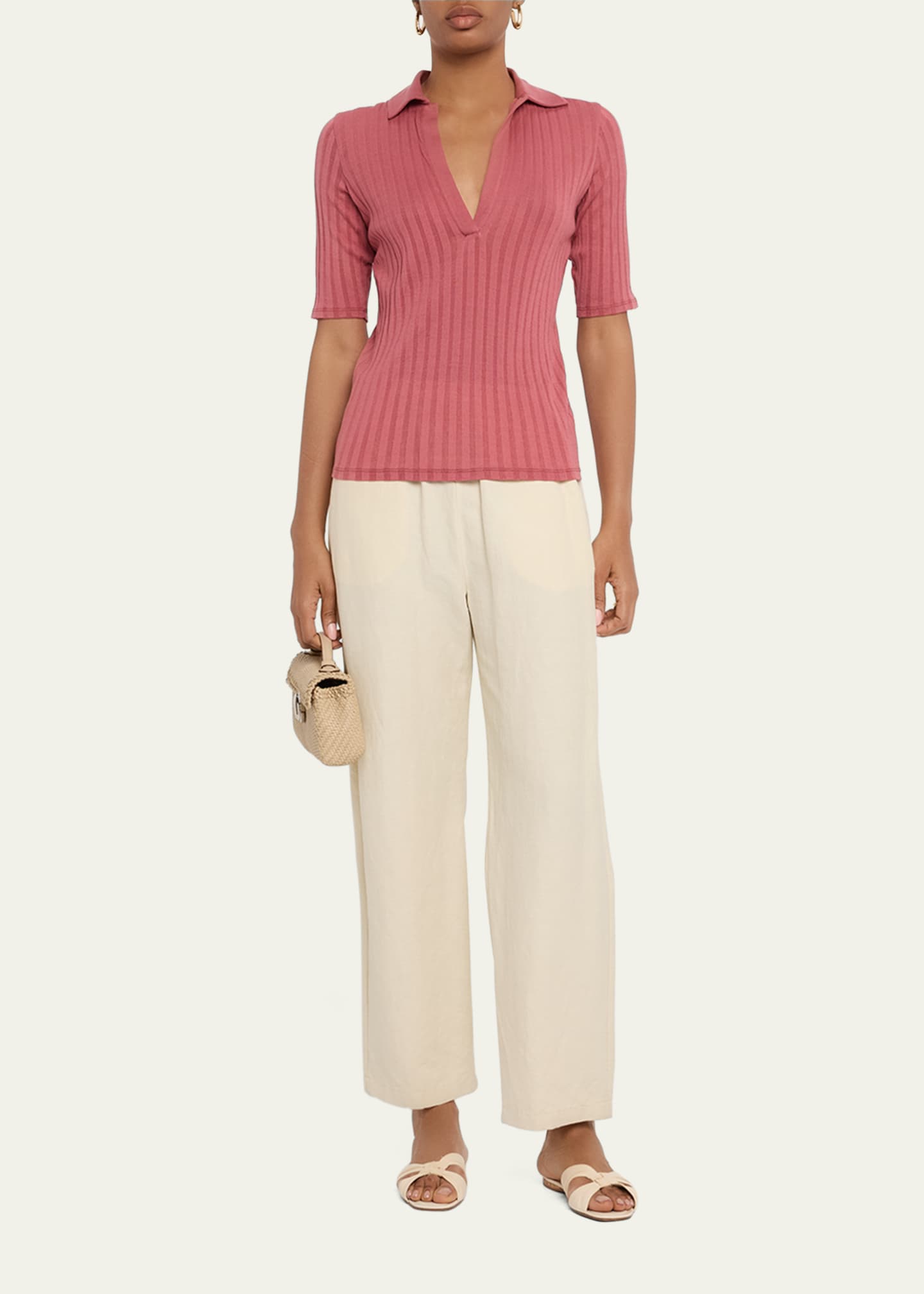 Vince Elbow-Sleeve Silk Rib Polo Shirt Image 2 of 5