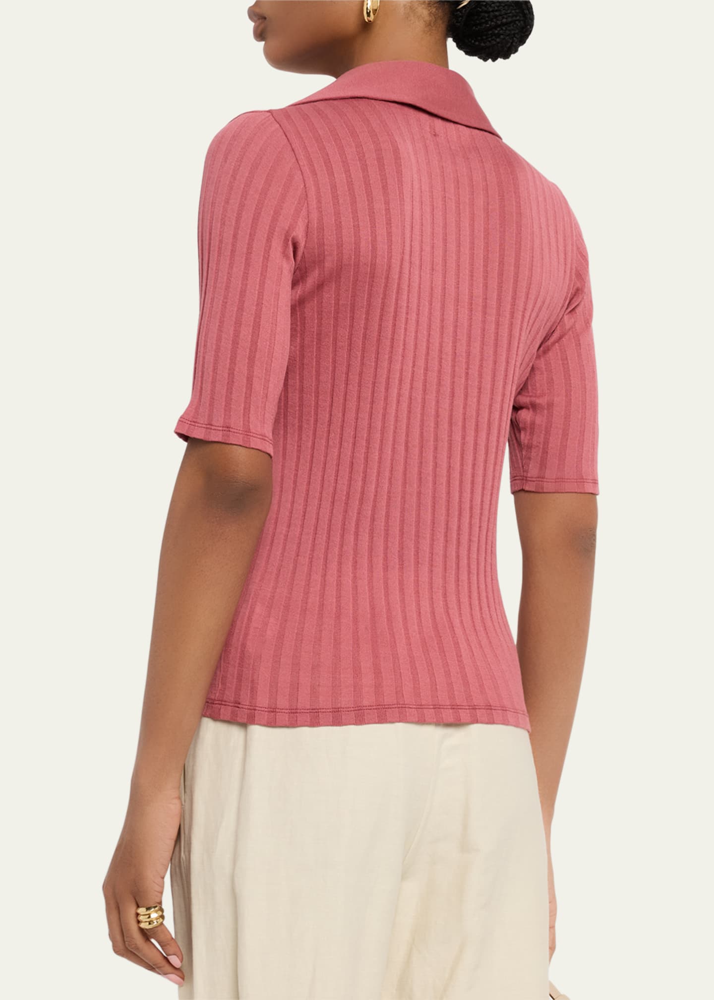 Vince Elbow-Sleeve Silk Rib Polo Shirt Image 3 of 5