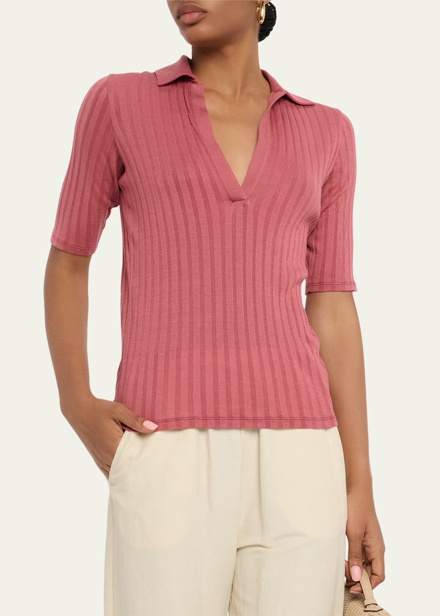 Vince Elbow-Sleeve Silk Rib Polo Shirt Image 4 of 5