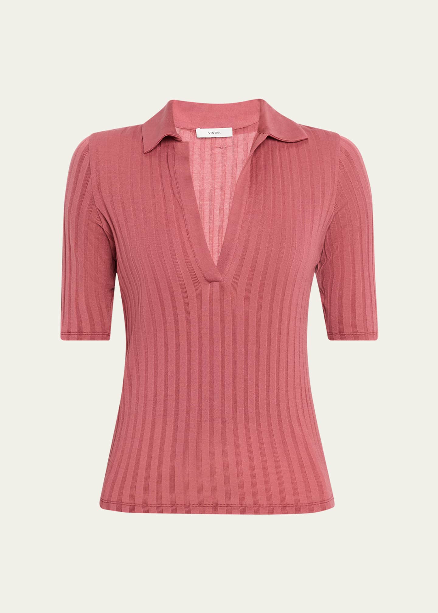 Vince Elbow-Sleeve Silk Rib Polo Shirt Image 1 of 5