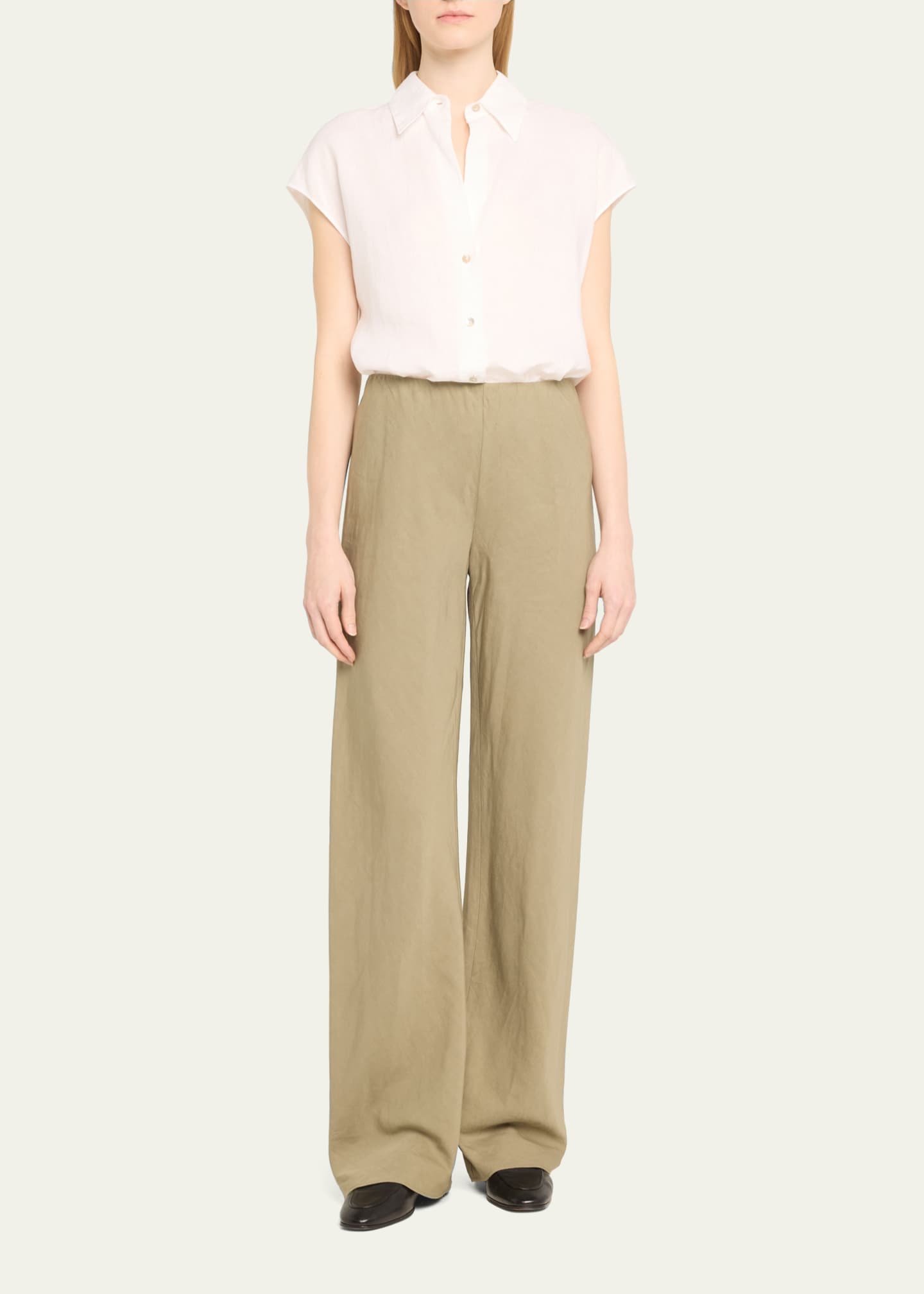 Vince Cap-Sleeve Linen Button-Front Blouse Image 2 of 5