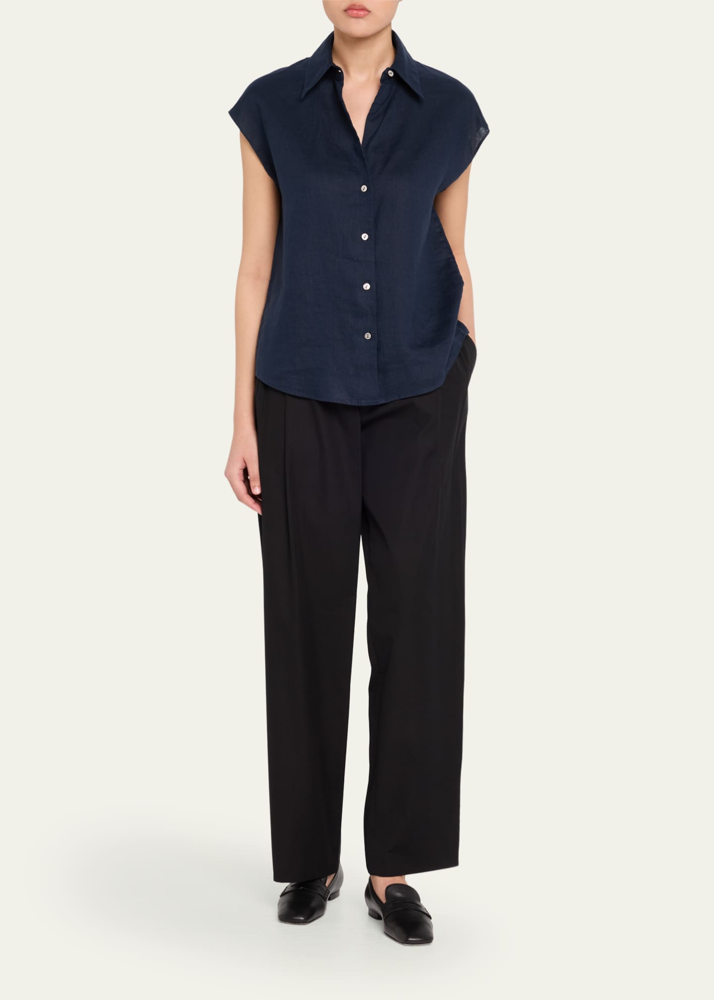 Vince Cap-Sleeve Linen Button-Front Blouse Image 2 of 5