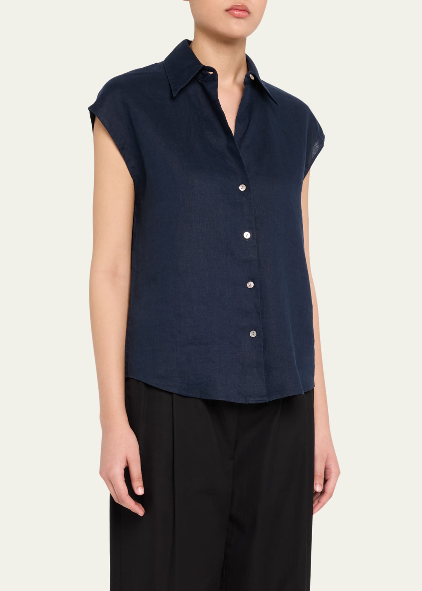 Vince Cap-Sleeve Linen Button-Front Blouse Image 4 of 5