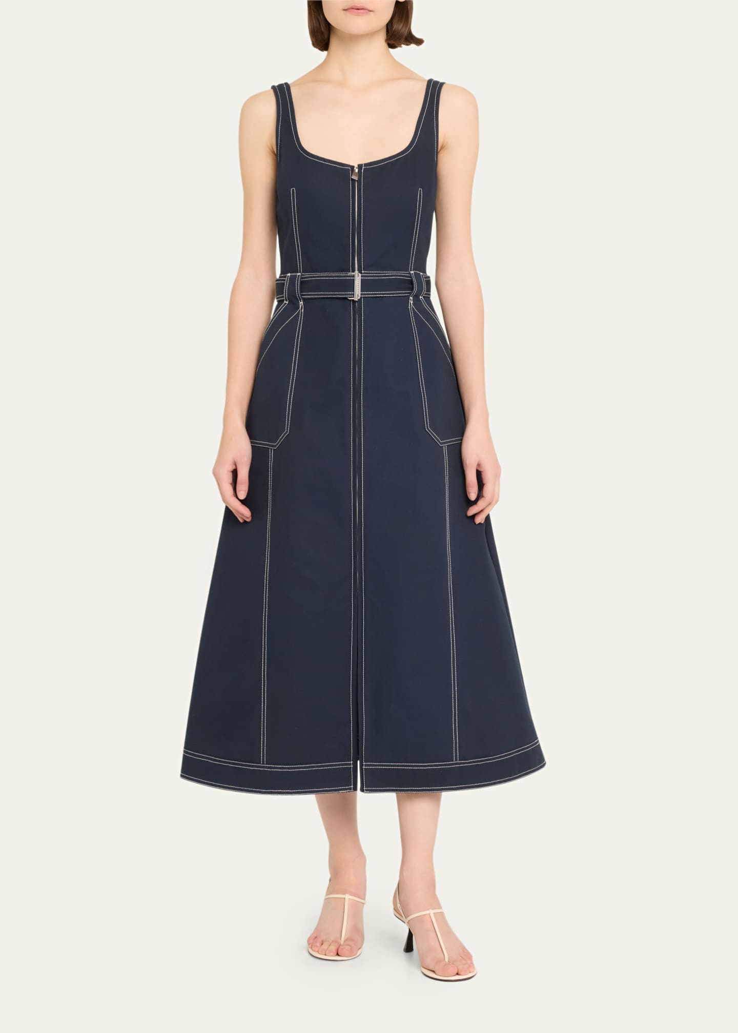 SIMKHAI Manson Sleeveless Belted Cotton-Blend Midi Dress Image 2 of 5