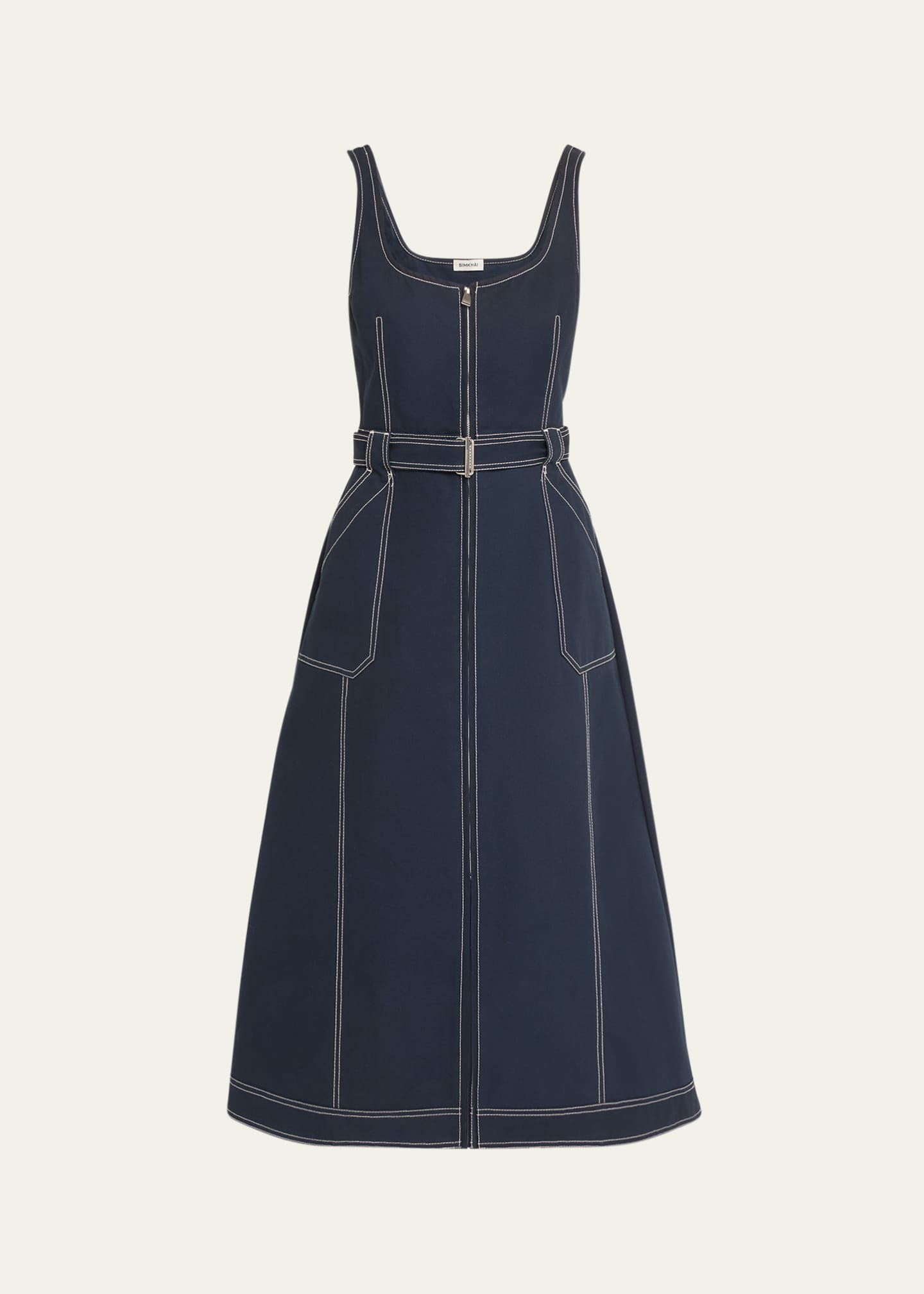 SIMKHAI Manson Sleeveless Belted Cotton-Blend Midi Dress Image 1 of 5