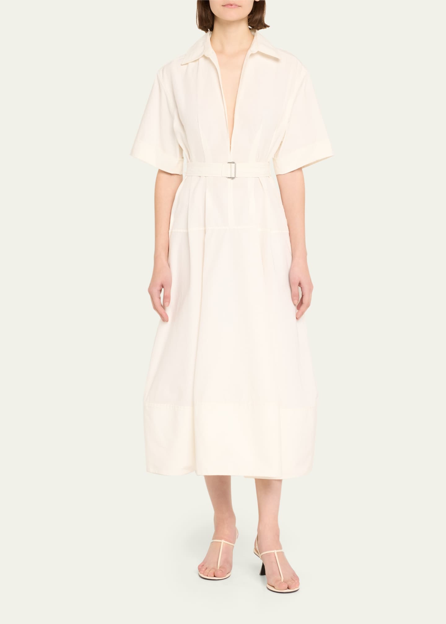 SIMKHAI Deanna Belted Poplin Short-Sleeve Midi Shirtdress Image 2 of 5