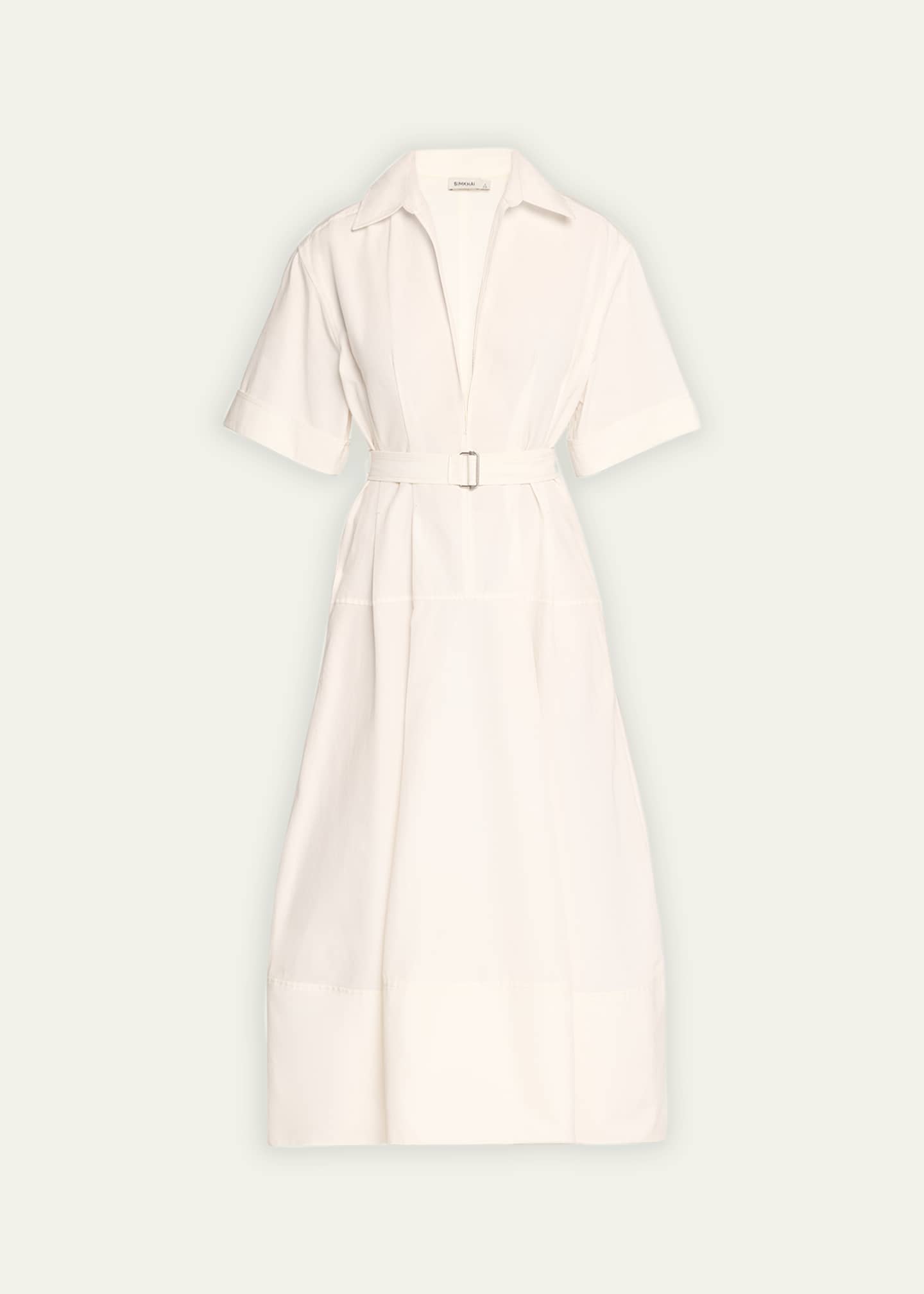 SIMKHAI Deanna Belted Poplin Short-Sleeve Midi Shirtdress Image 1 of 5