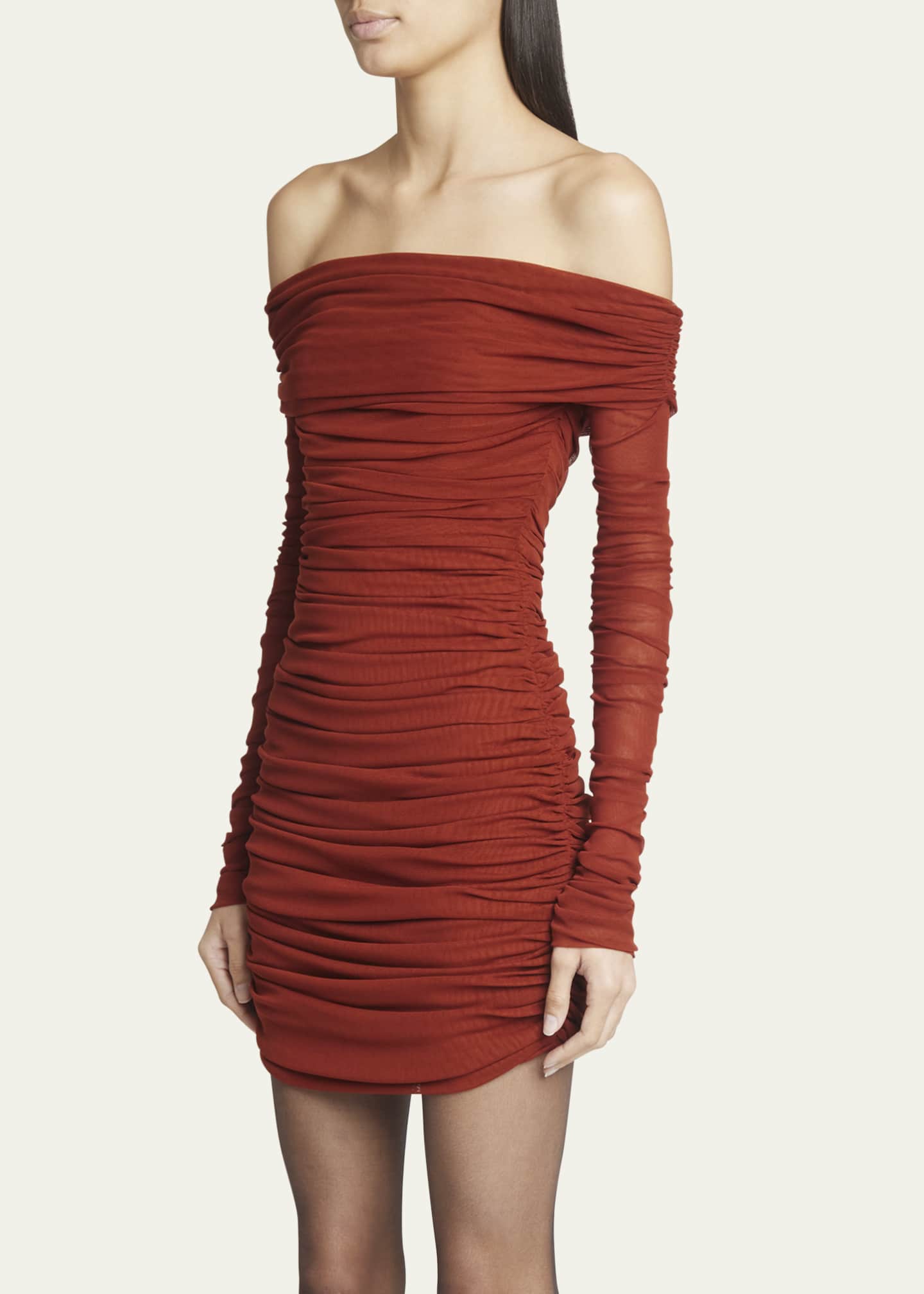Saint Laurent Off-Shoulder Ruched Mini Dress Image 4 of 5