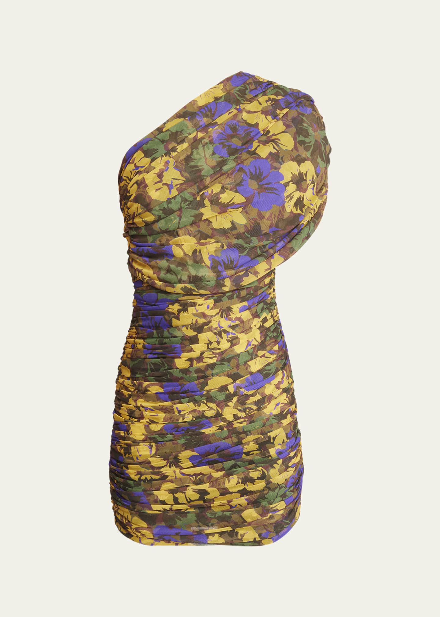Saint Laurent One Shoulder Ruched Floral Print Mini Dress