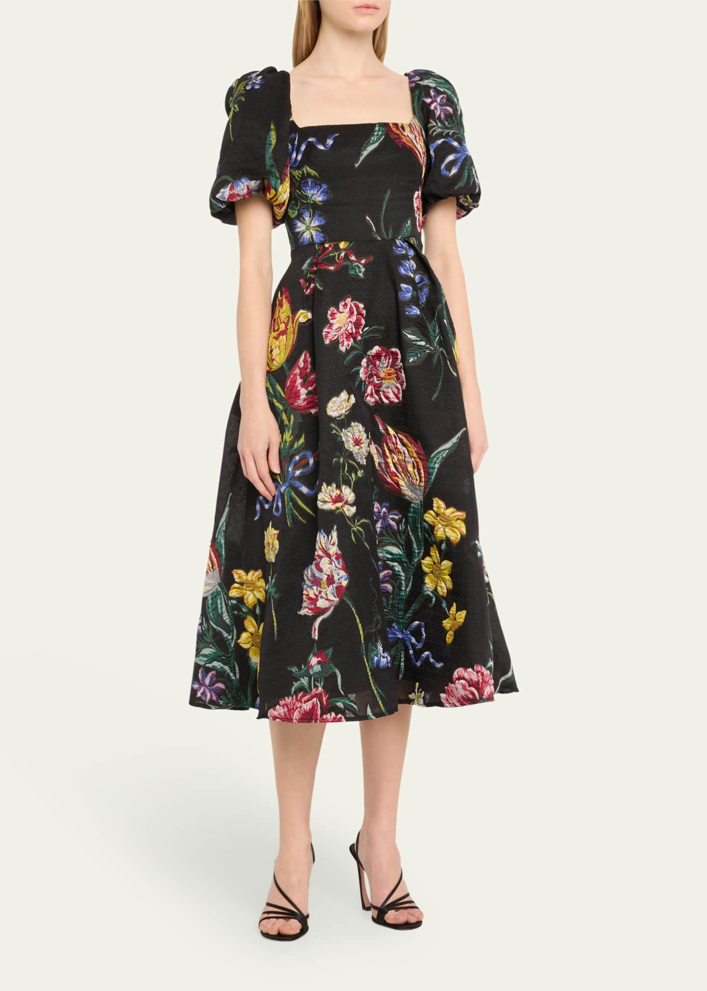 Marchesa Notte Puff-Sleeve Floral Jacquard Midi Dress - Bergdorf Goodman