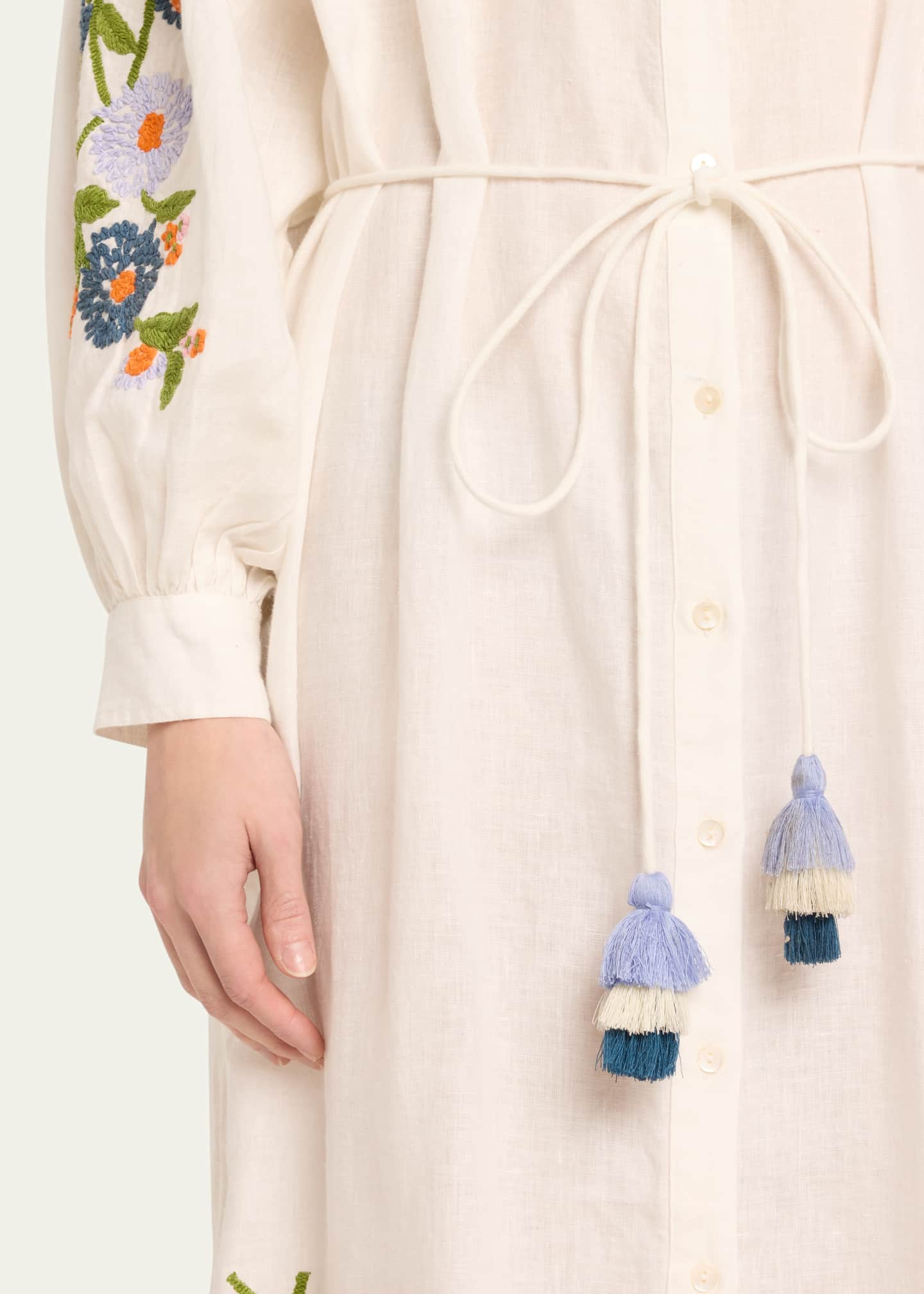 Hannah Artwear Everly Tassel-Tie Embroidered Linen Midi Dress