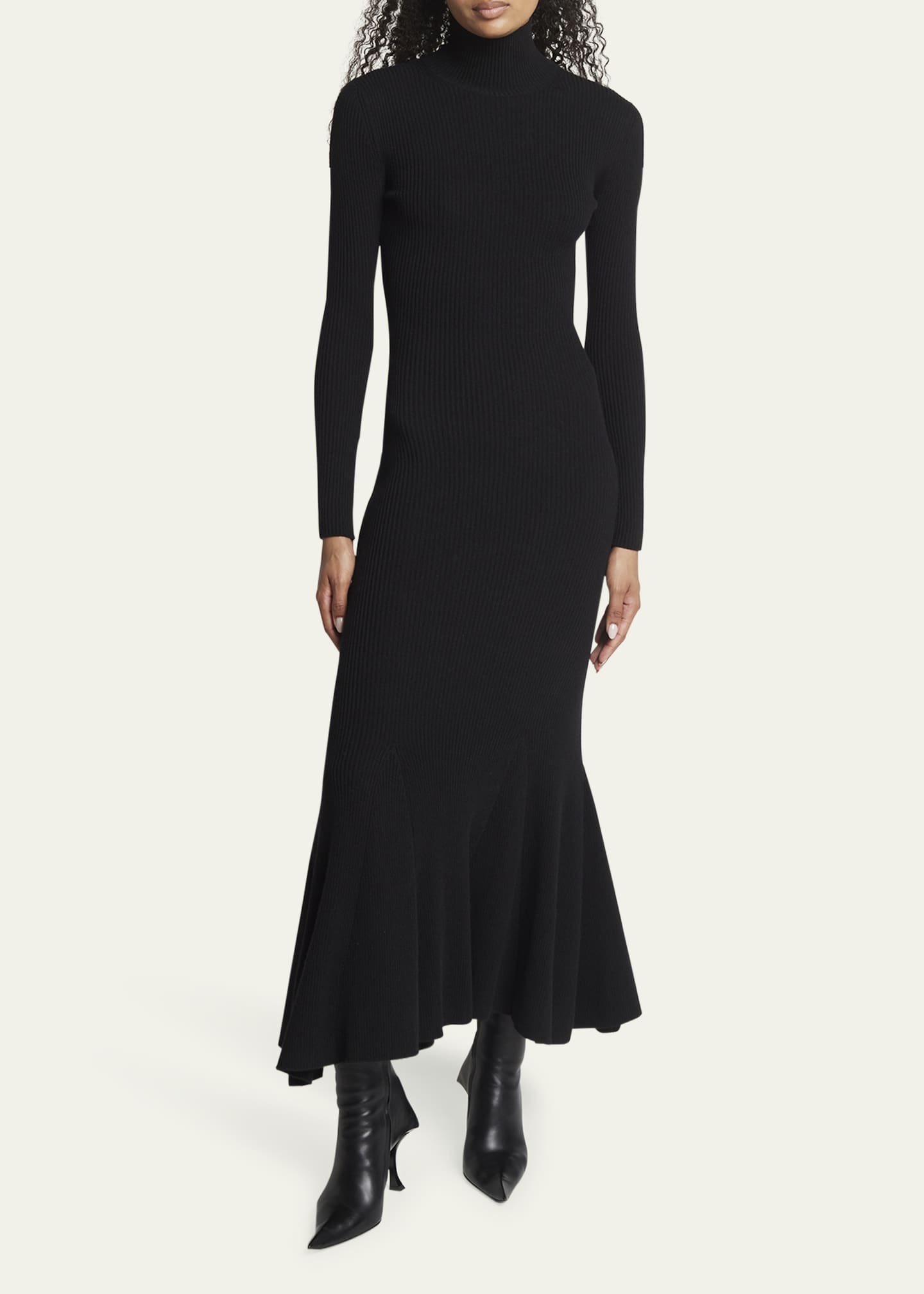 High-Neck Ribbed Cashmere Wool Flounce Dress - Thumbnail 2