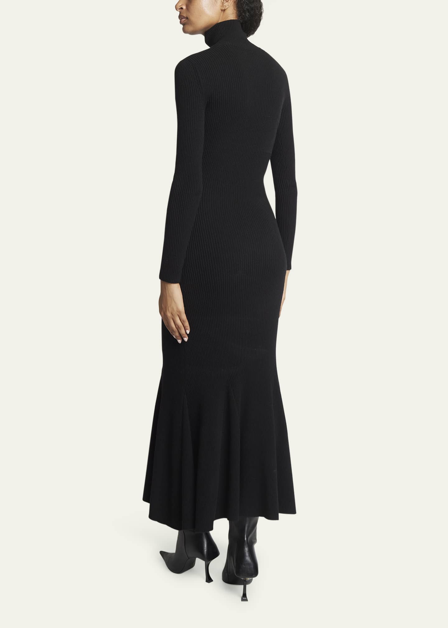 High-Neck Ribbed Cashmere Wool Flounce Dress - Thumbnail 3