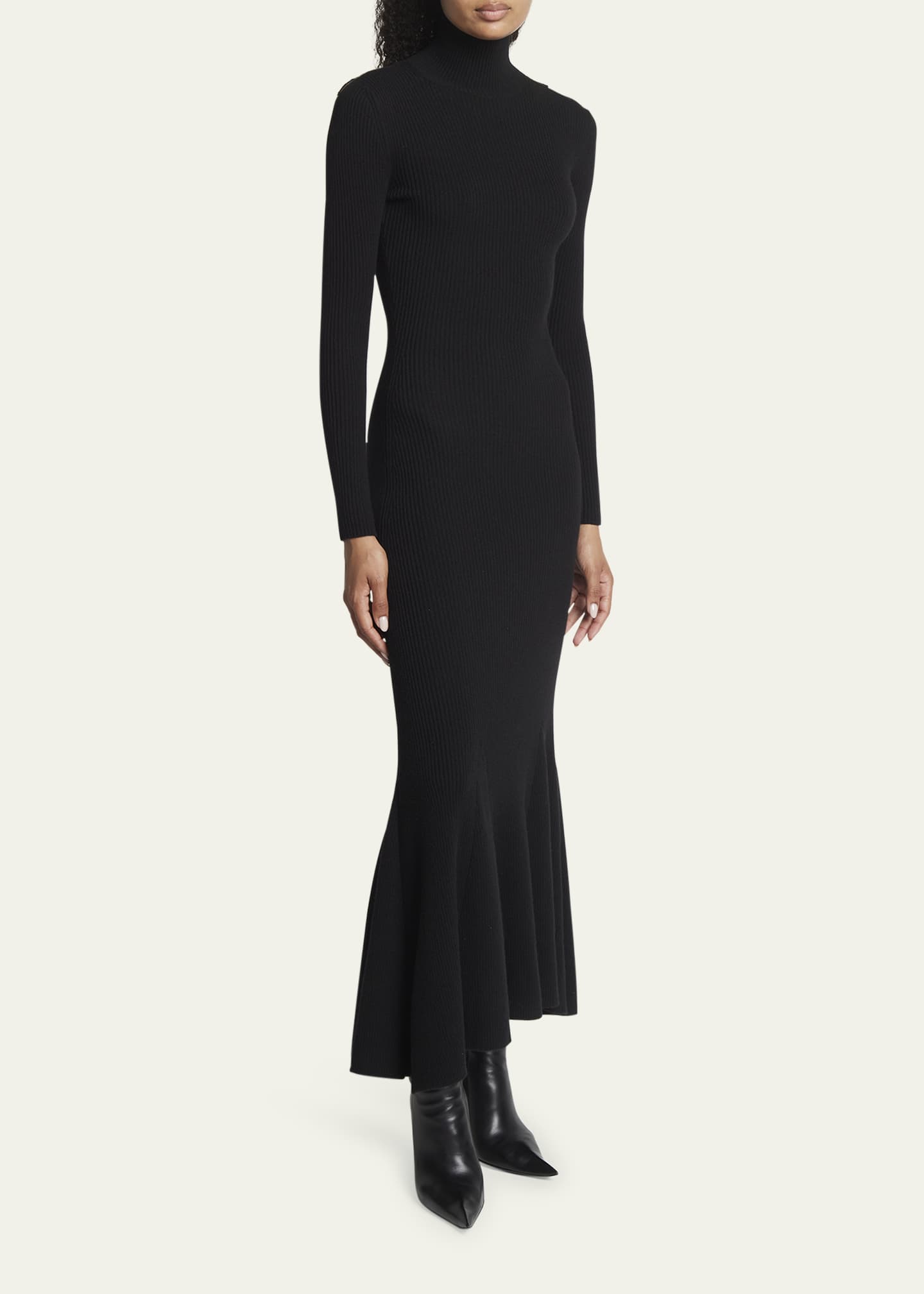 High-Neck Ribbed Cashmere Wool Flounce Dress - Thumbnail 4