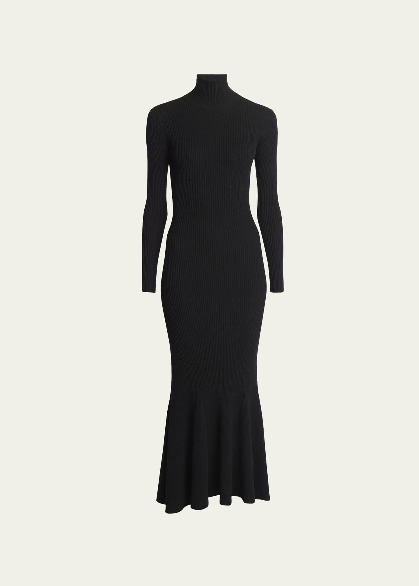High-Neck Ribbed Cashmere Wool Flounce Dress - Thumbnail 1