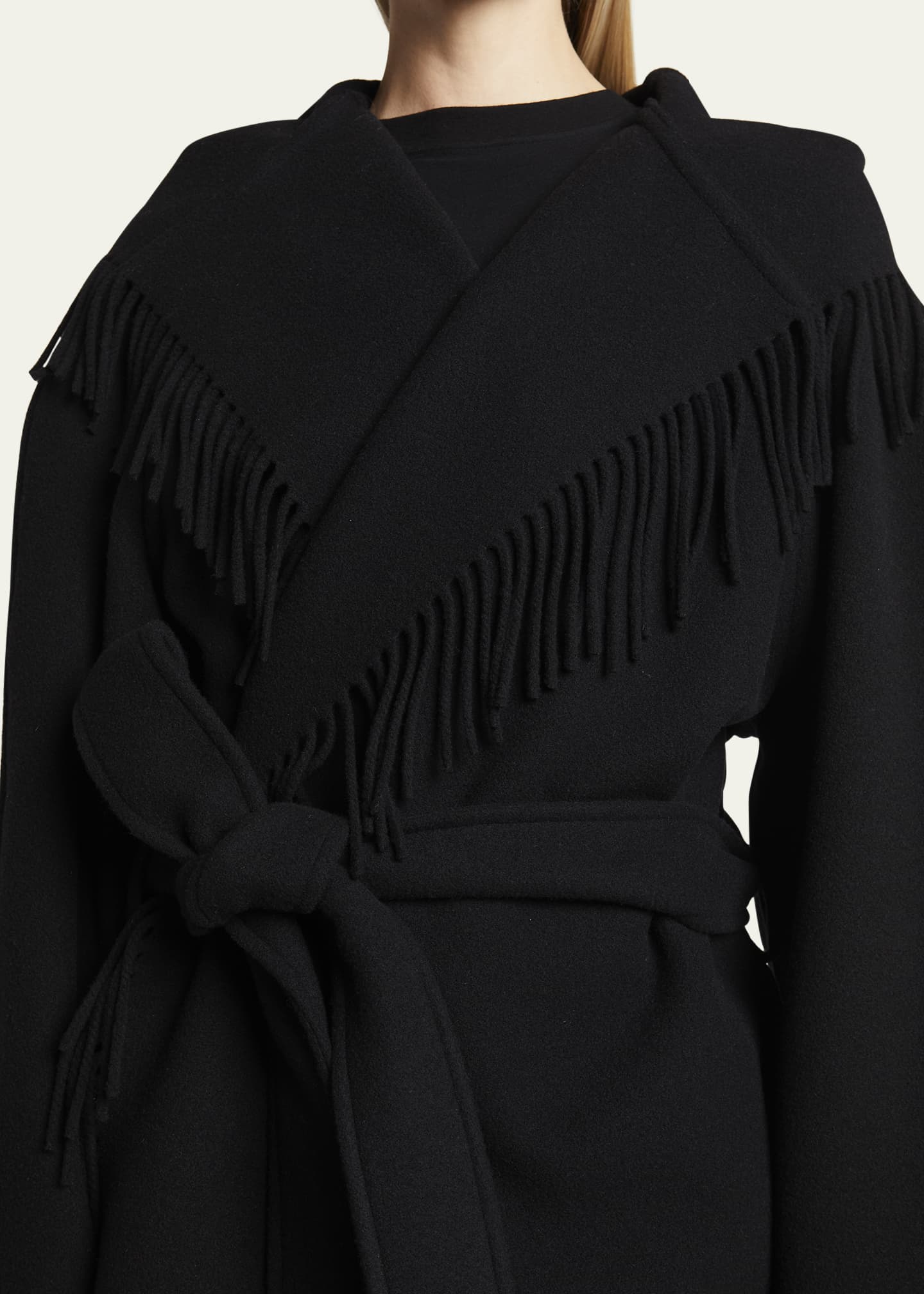 Balenciaga Hooded Fringe Oversized Self-Tie Wool Jacket