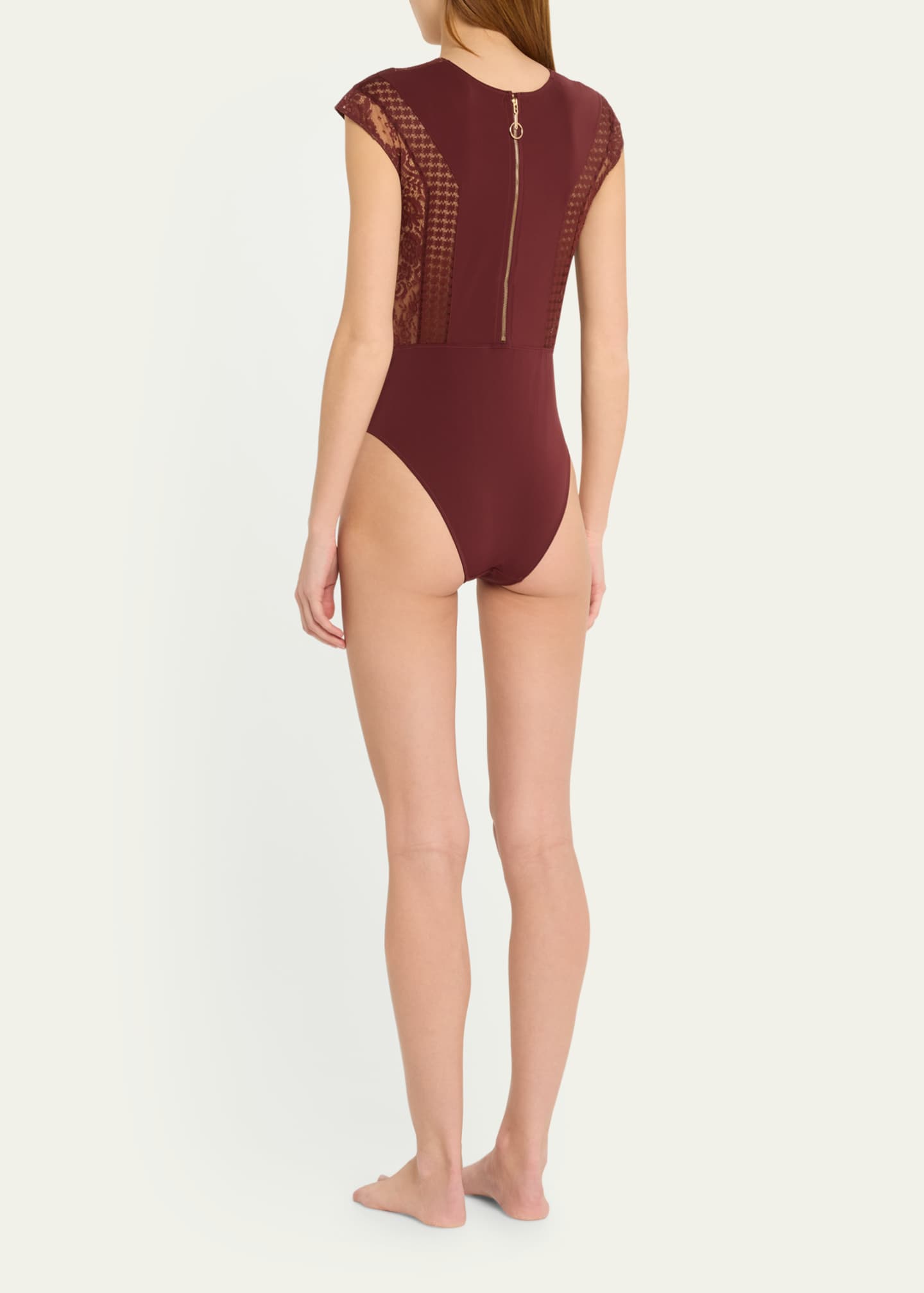 Livy Macy Cap-Sleeve Microfiber & Lace Bodysuit Image 3 of 4